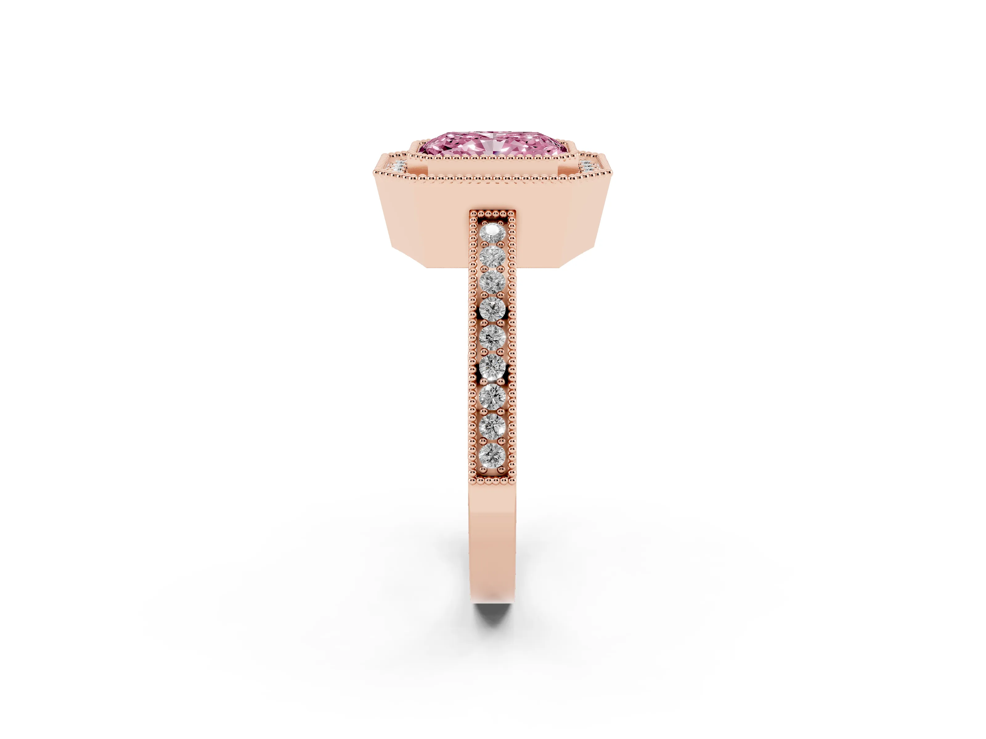 Fancy Pink Radiant Cut Diamond Halo Ring Set in Rose gold with Pavé Band and Milgrain-Edged Prongs