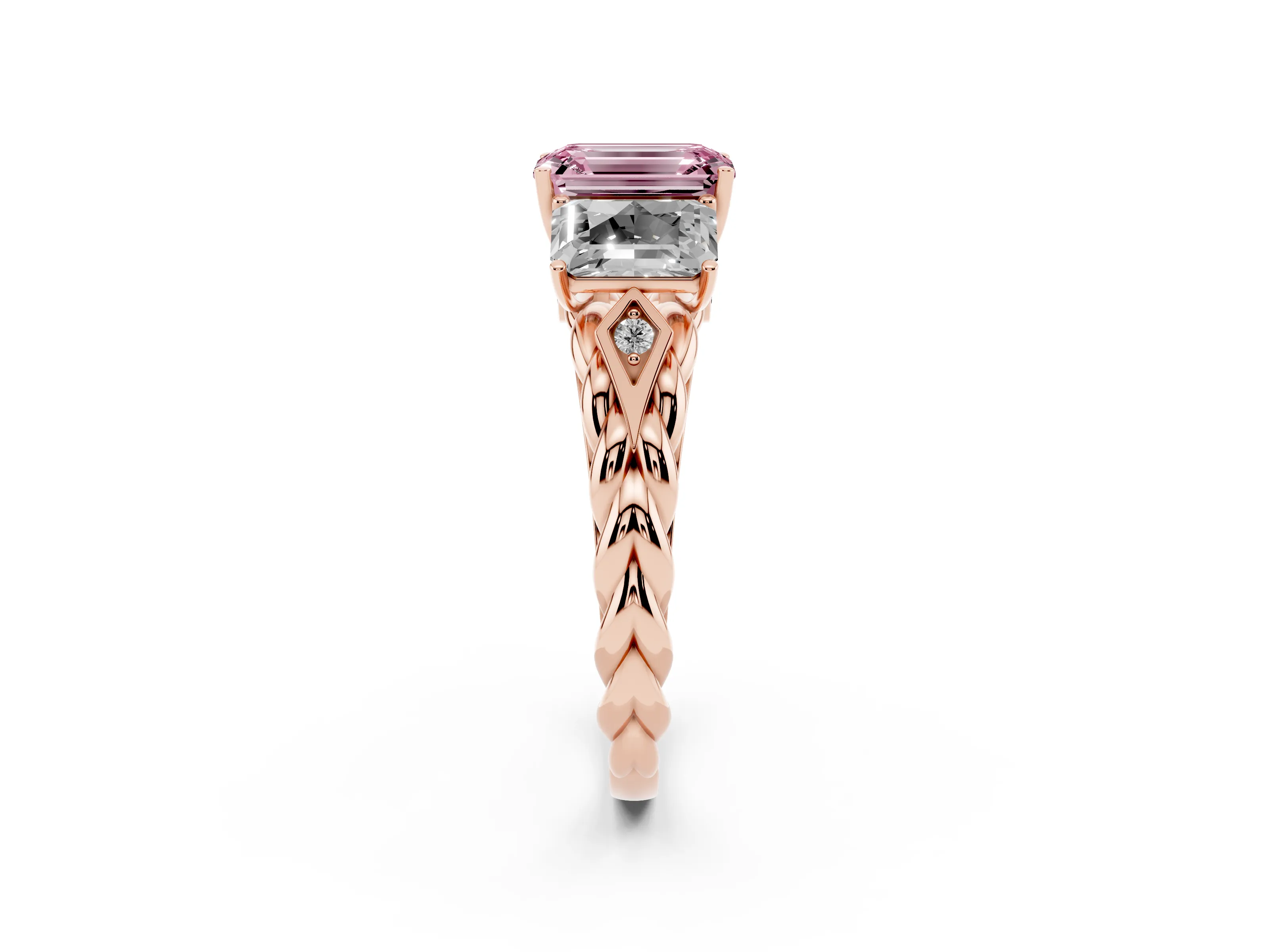 Fancy Pink Radiant Cut Diamond Three-Stone Ring Set in Rose gold with Braided Band