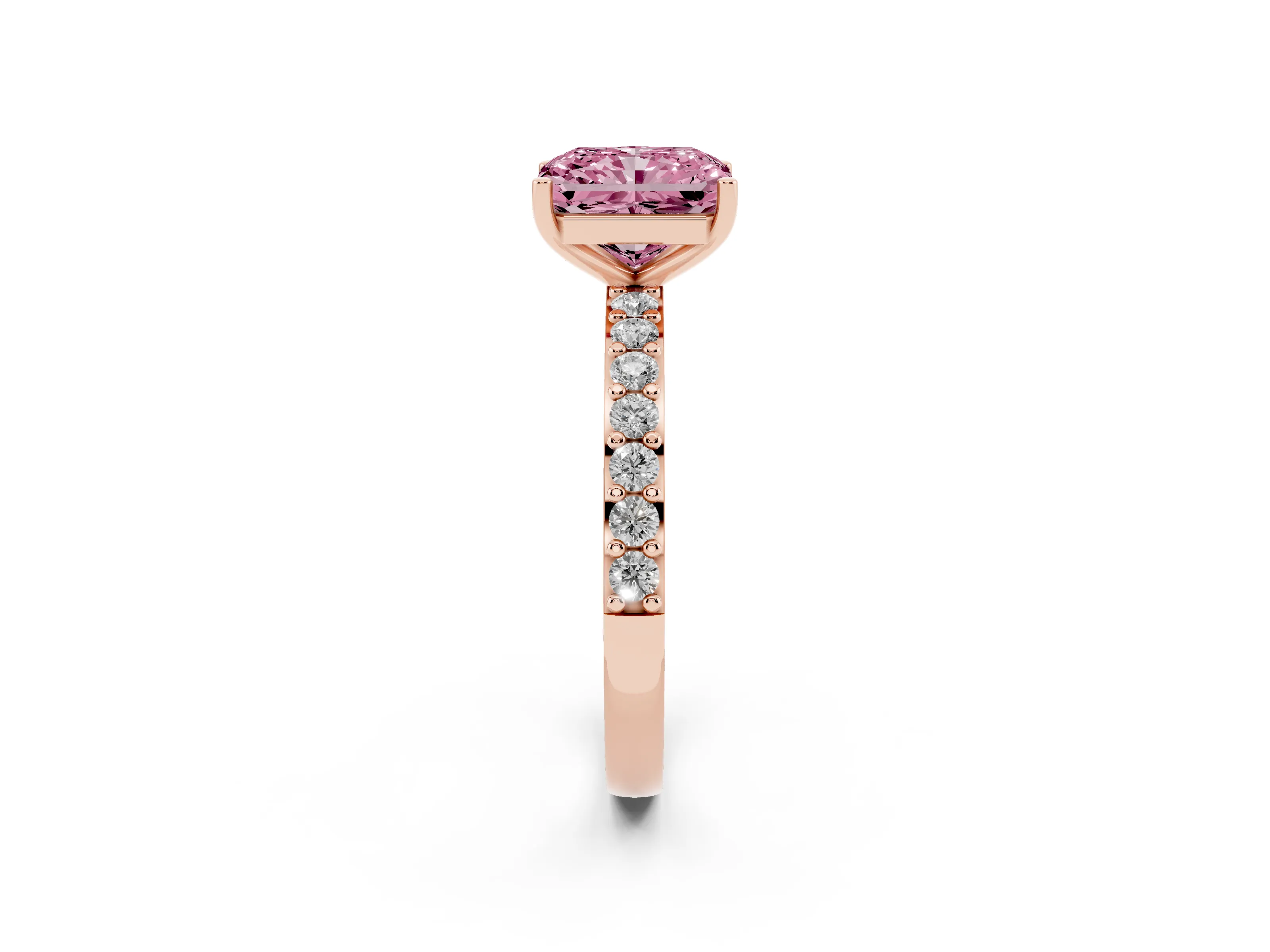 Fancy Pink Radiant Cut Diamond Solitaire Set in Rose gold with Round Pavé Band and Prong Setting