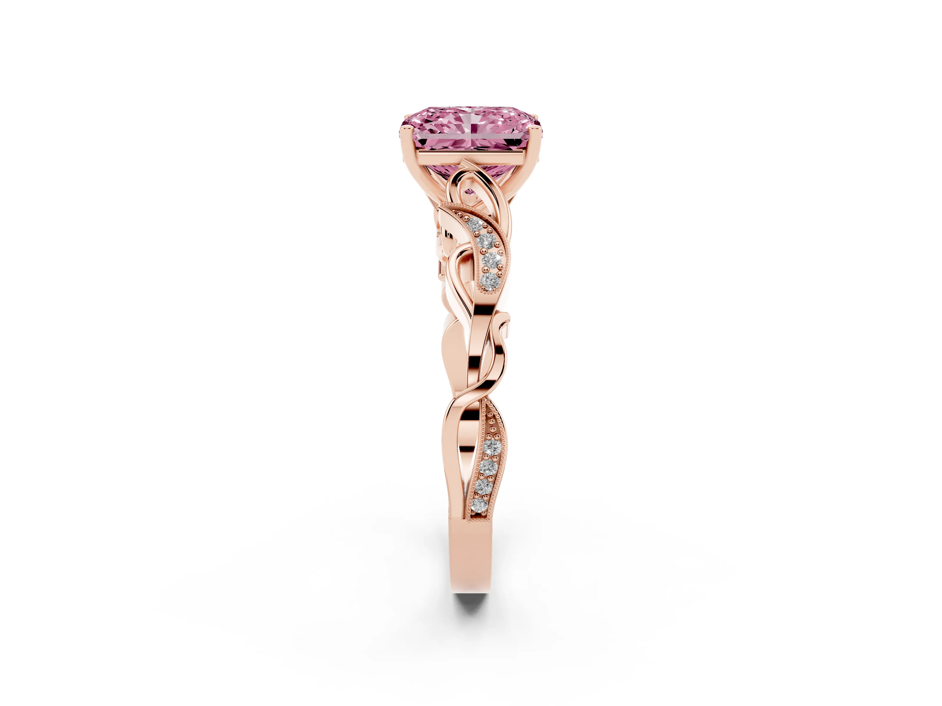 Fancy Pink Radiant Cut Diamond Vine Band Solitaire Ring Set in Rose gold with Milgrain Prong Setting