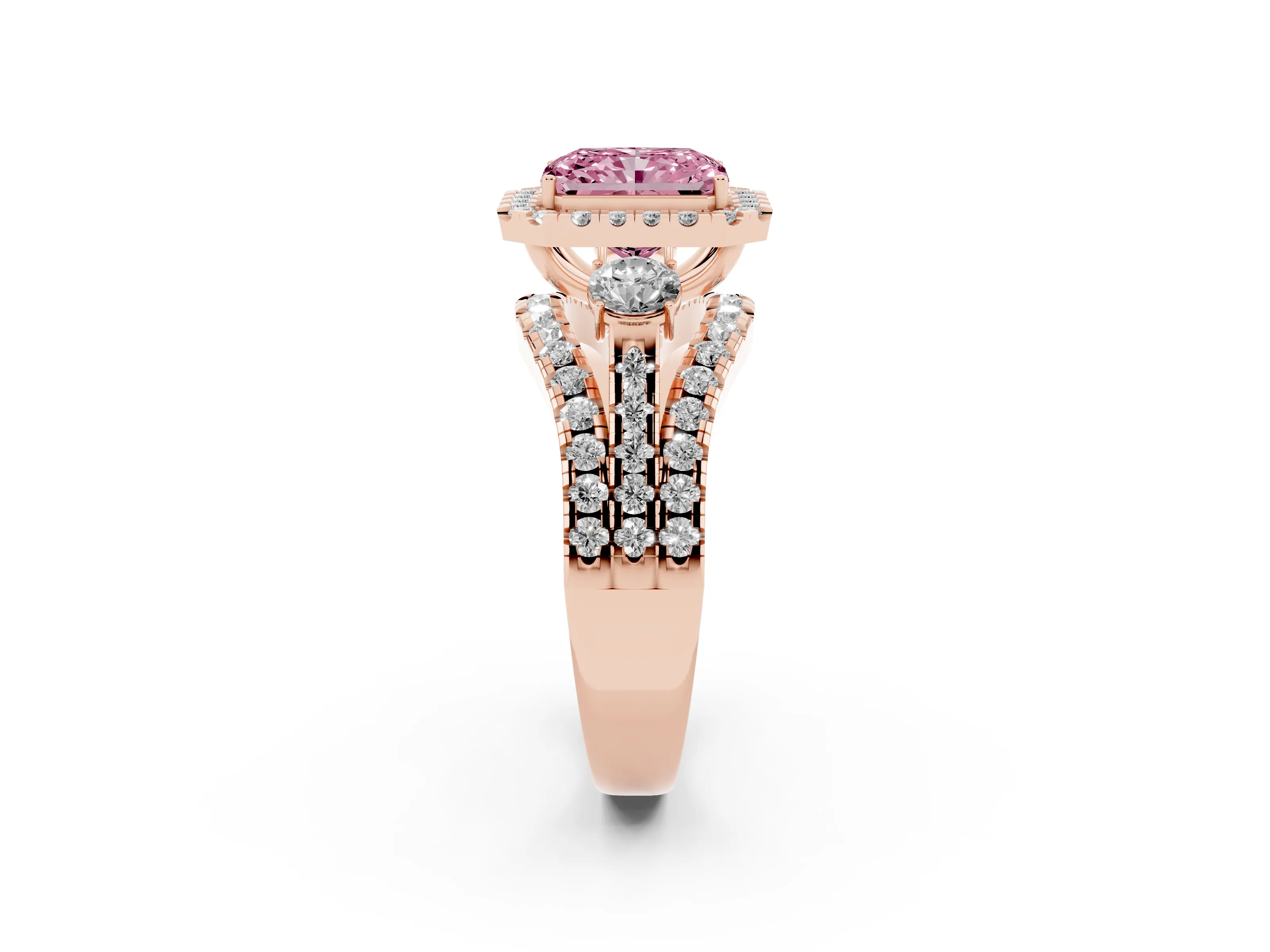 Fancy Pink Radiant Cut Diamond Halo Split Shank Ring Set in Rose gold with Round Accent Stones and Prong Setting