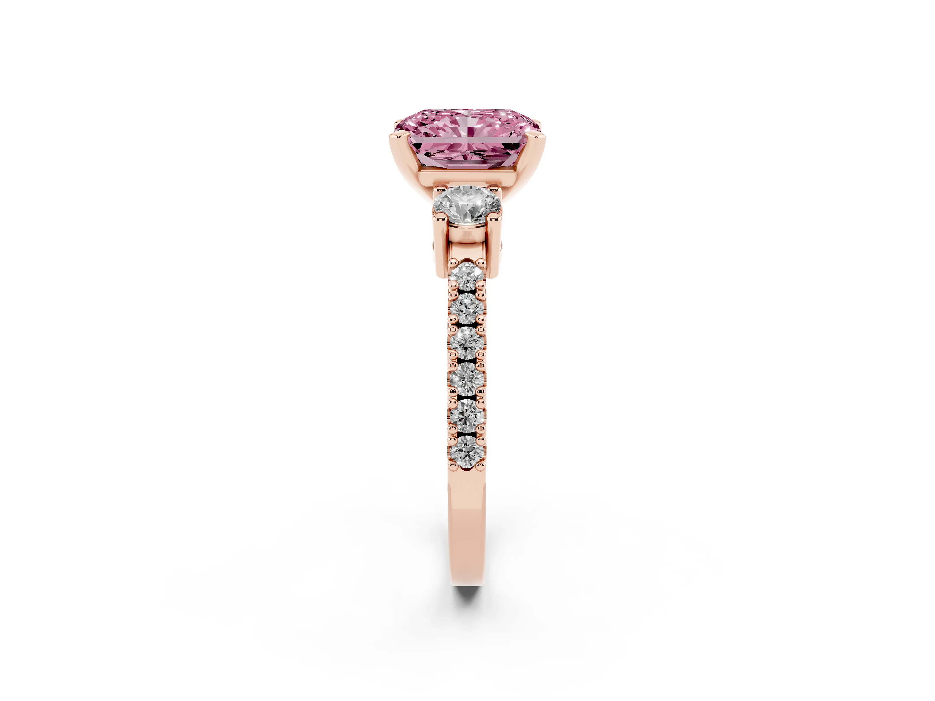 Fancy Pink Three-Stone Radiant Cut Diamond Pavé Band Ring Set in Rose gold with Prong Setting
