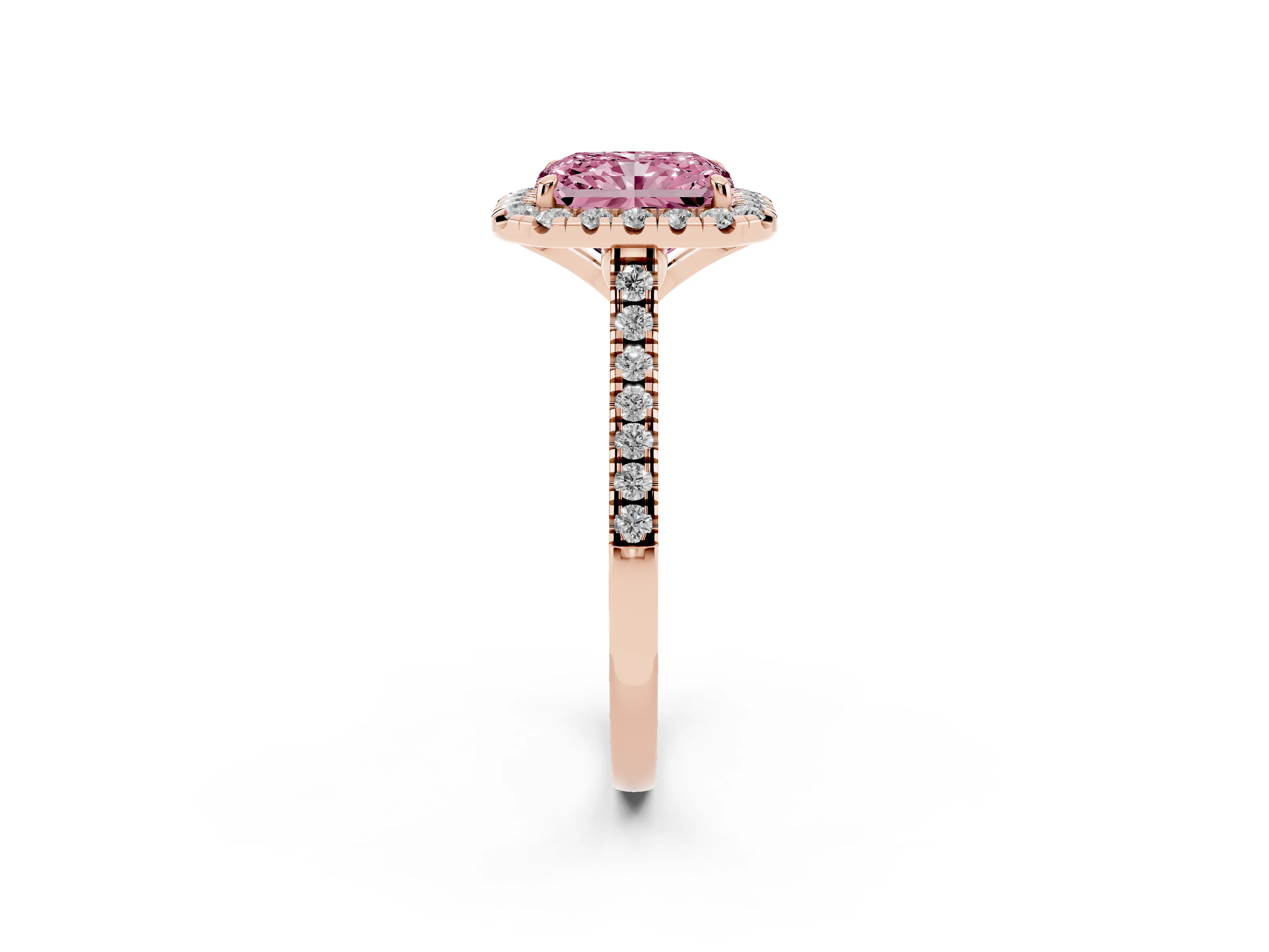 Fancy Pink Radiant Cut Diamond Cushion Halo Ring Set in Rose gold with Pavé Band