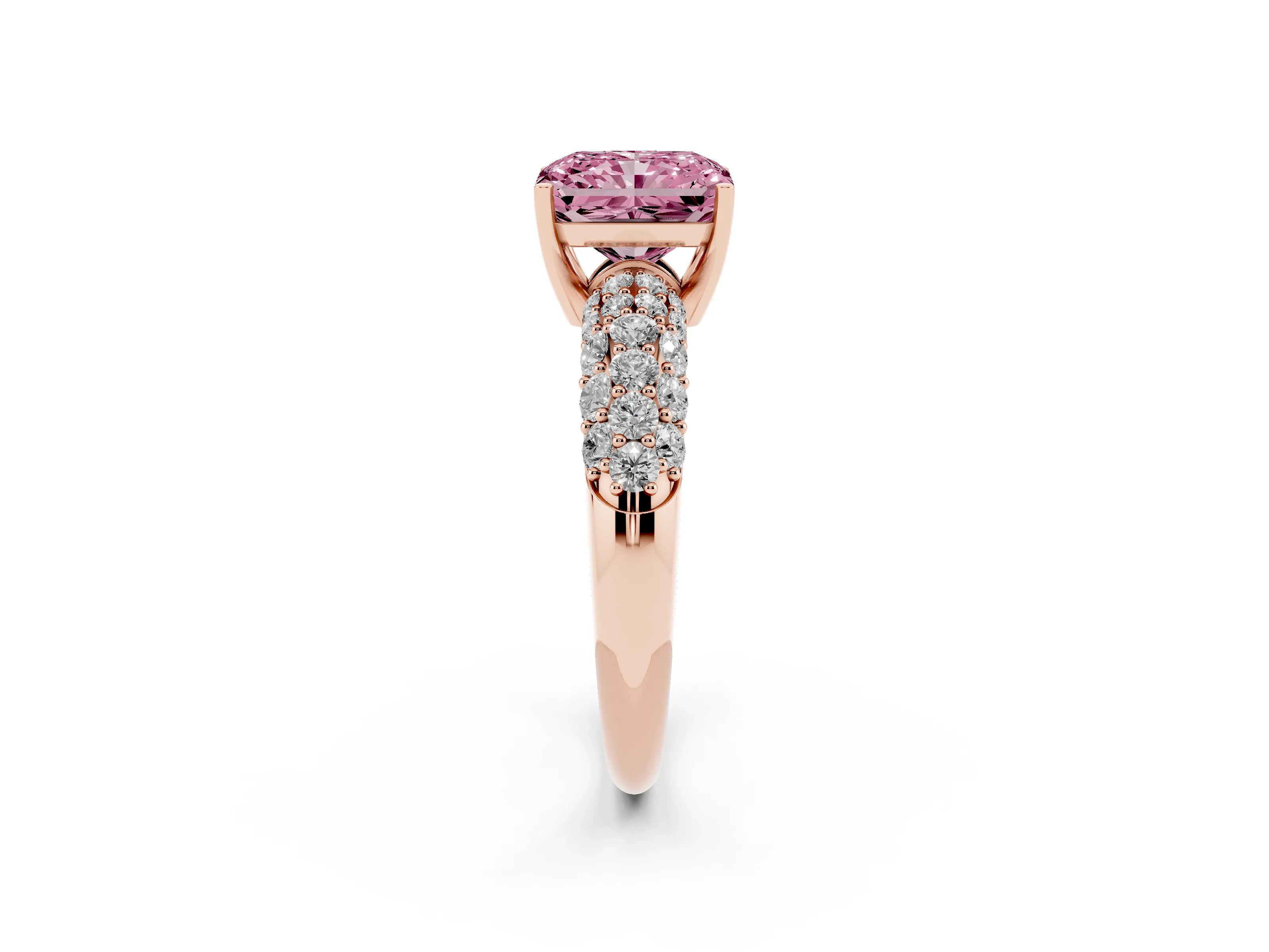 Fancy Pink Radiant Cut Diamond Pavé Band Solitaire Ring Set in Rose gold with Close-Set Accent Stones and Prong Setting