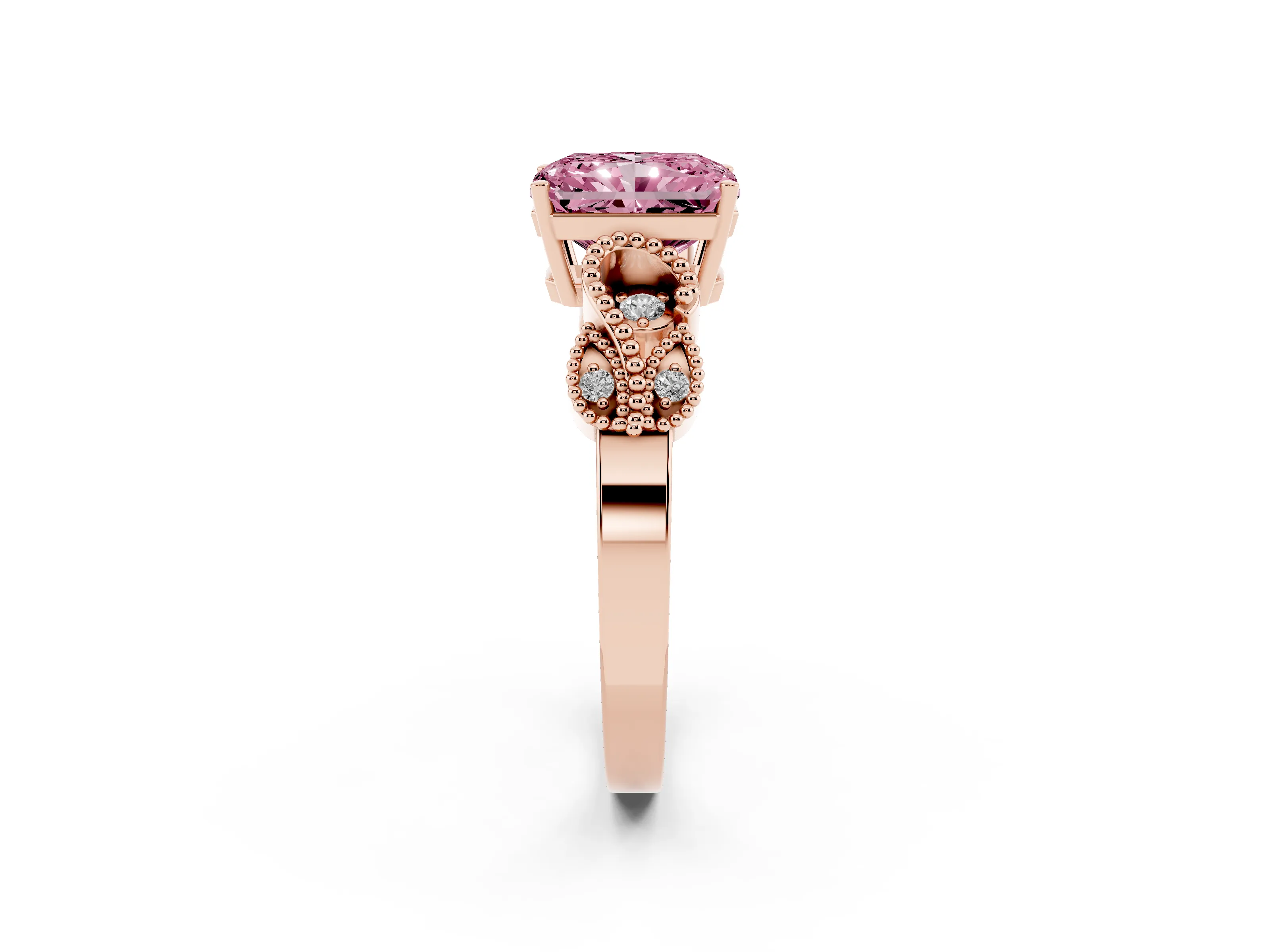 Fancy Pink Radiant Cut Diamond Milgrain Leaf Band Solitaire Ring Set in Rose gold with Accent Stones and Prong Setting