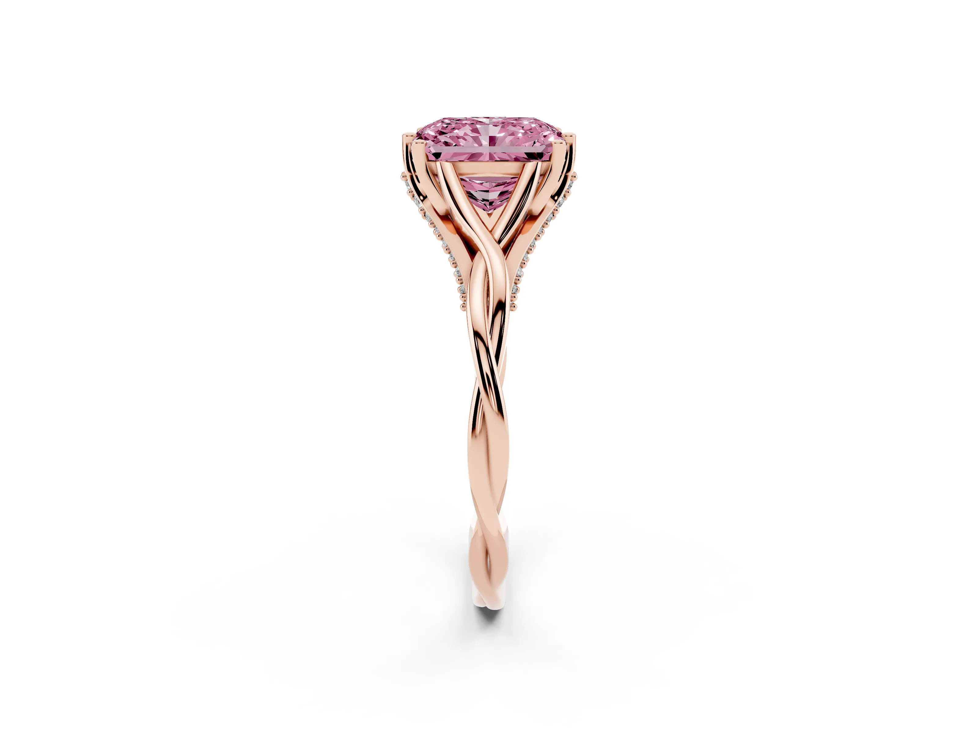 Fancy Pink Radiant Cut Diamond Intertwined Twist Band Solitaire Ring Set in Rose gold with Prong Setting