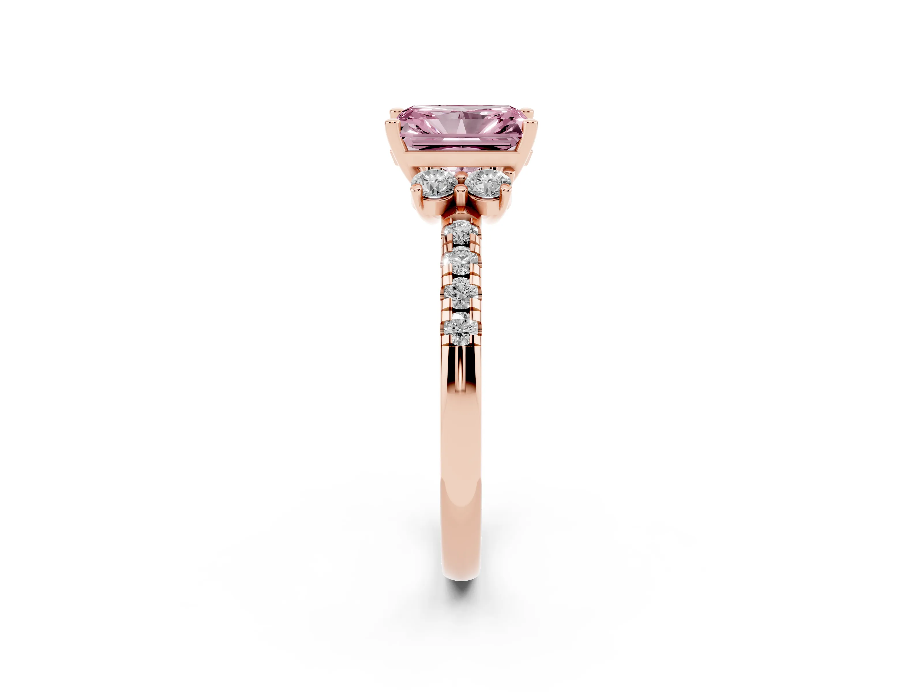 Fancy Pink Radiant Cut Diamond Three-Stone Pavé Ring Set in Rose gold with Prong Setting