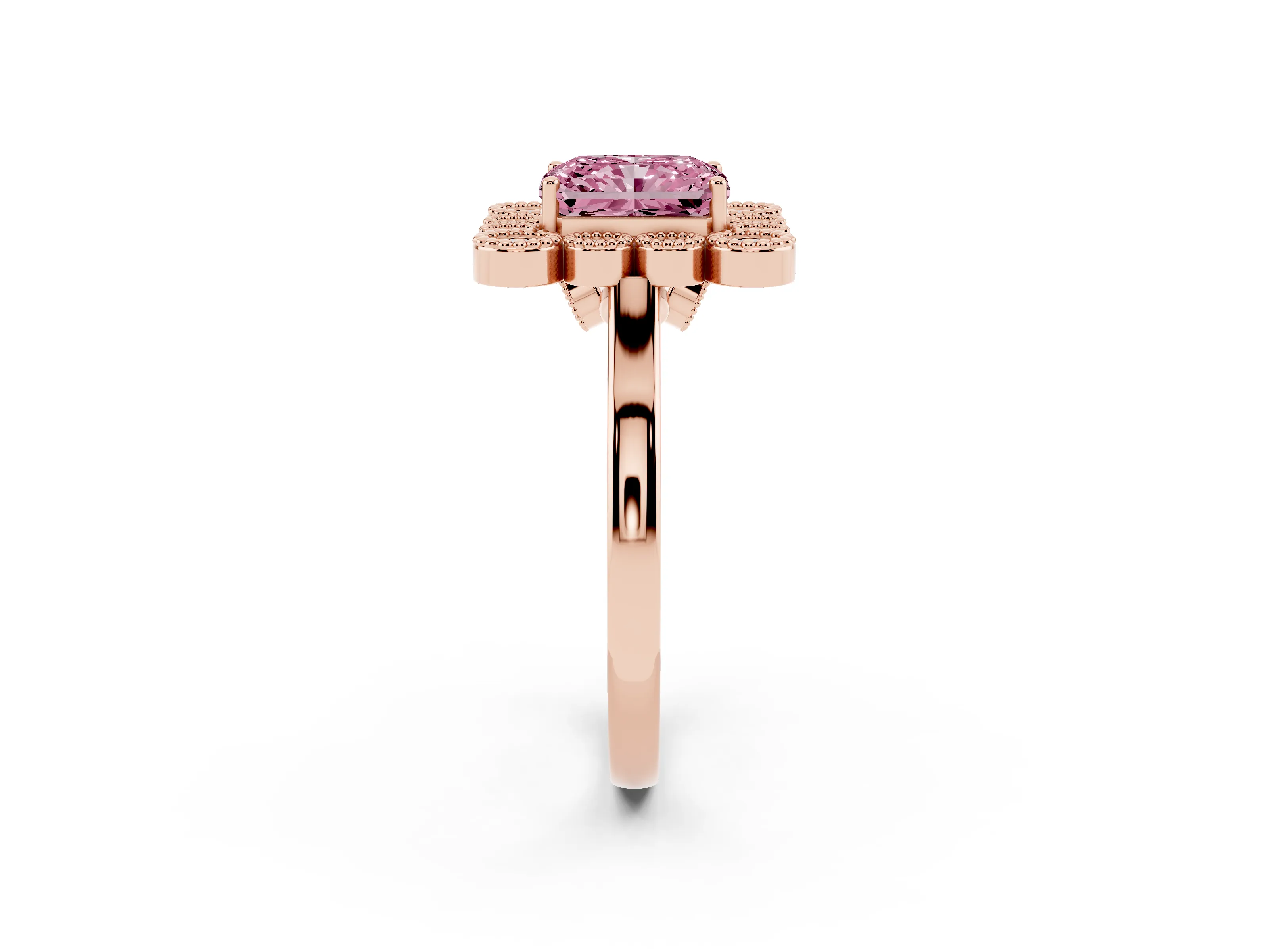 Fancy Pink Radiant Cut Diamond Cluster Halo Ring Set in Rose gold with Milgrain Bezel Accents and Plain Band