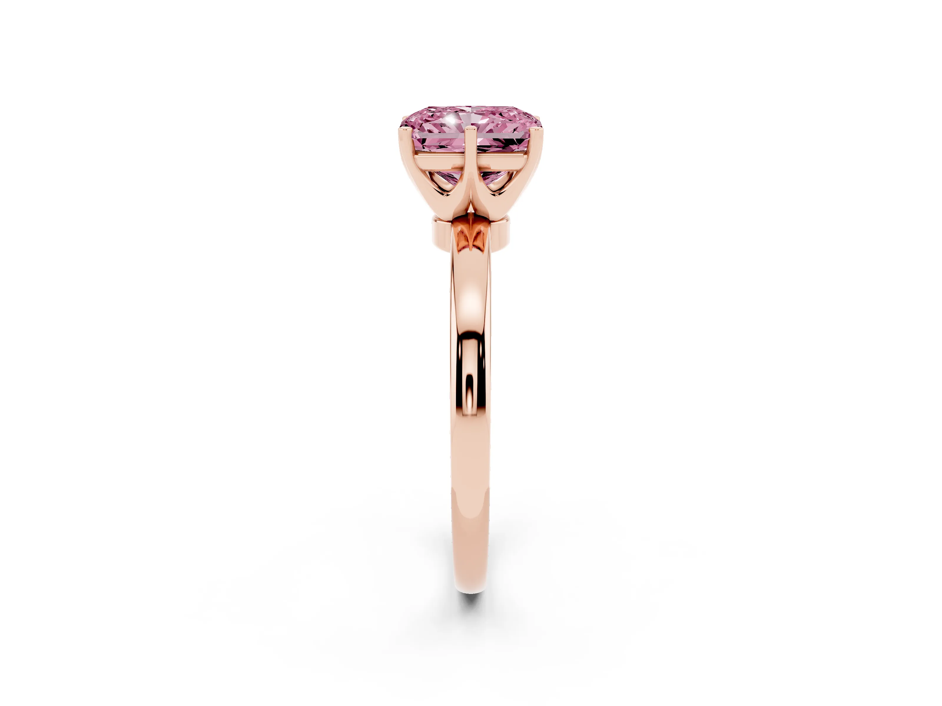 Fancy Pink Radiant Cut Diamond Solitaire Ring Set in Rose gold with Raised Prong Setting on a Classic Band