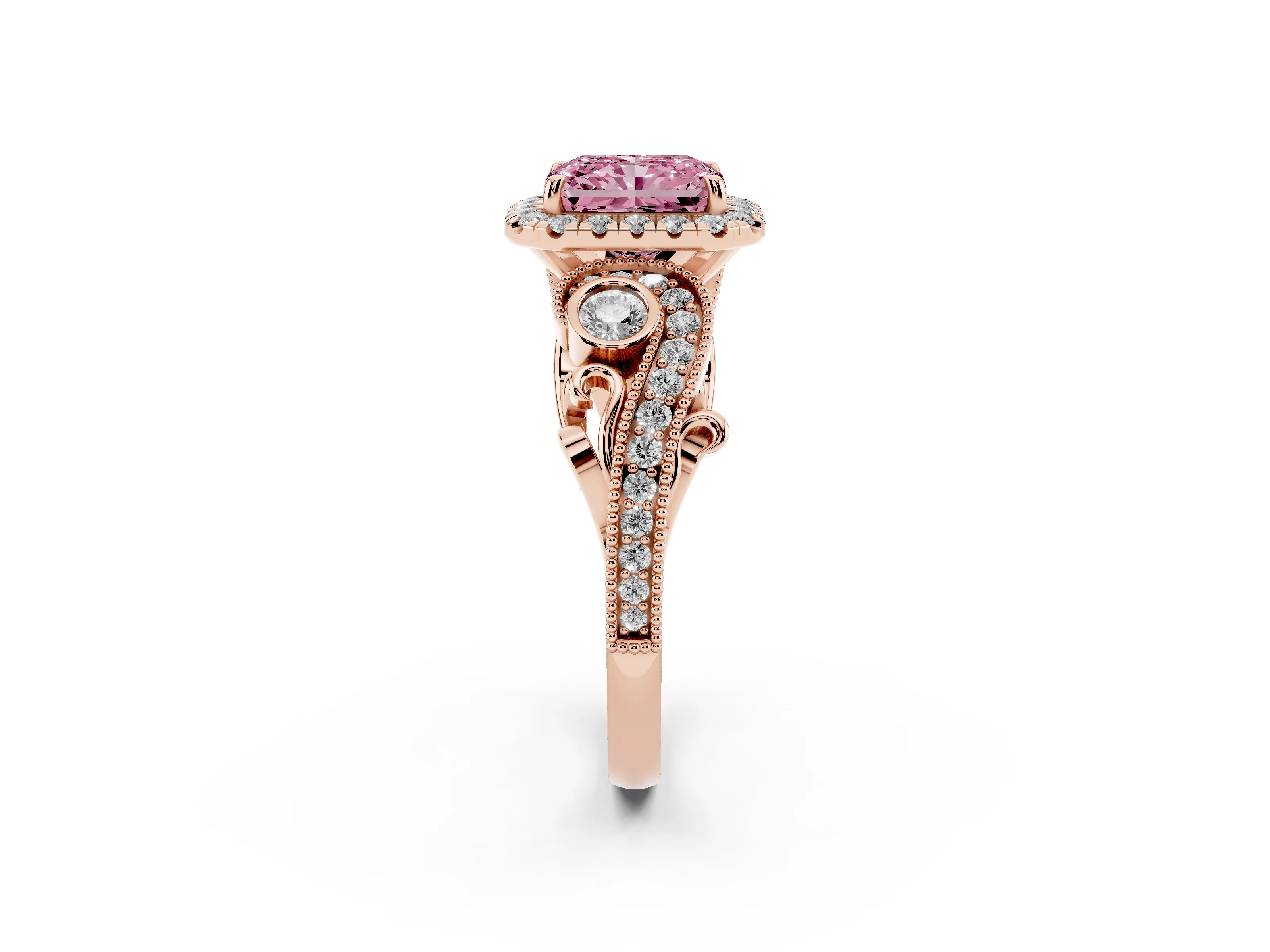 Fancy Pink Radiant Cut Diamond Halo Ring Set in Rose gold with Milgrain Pavé Band and Prong Setting