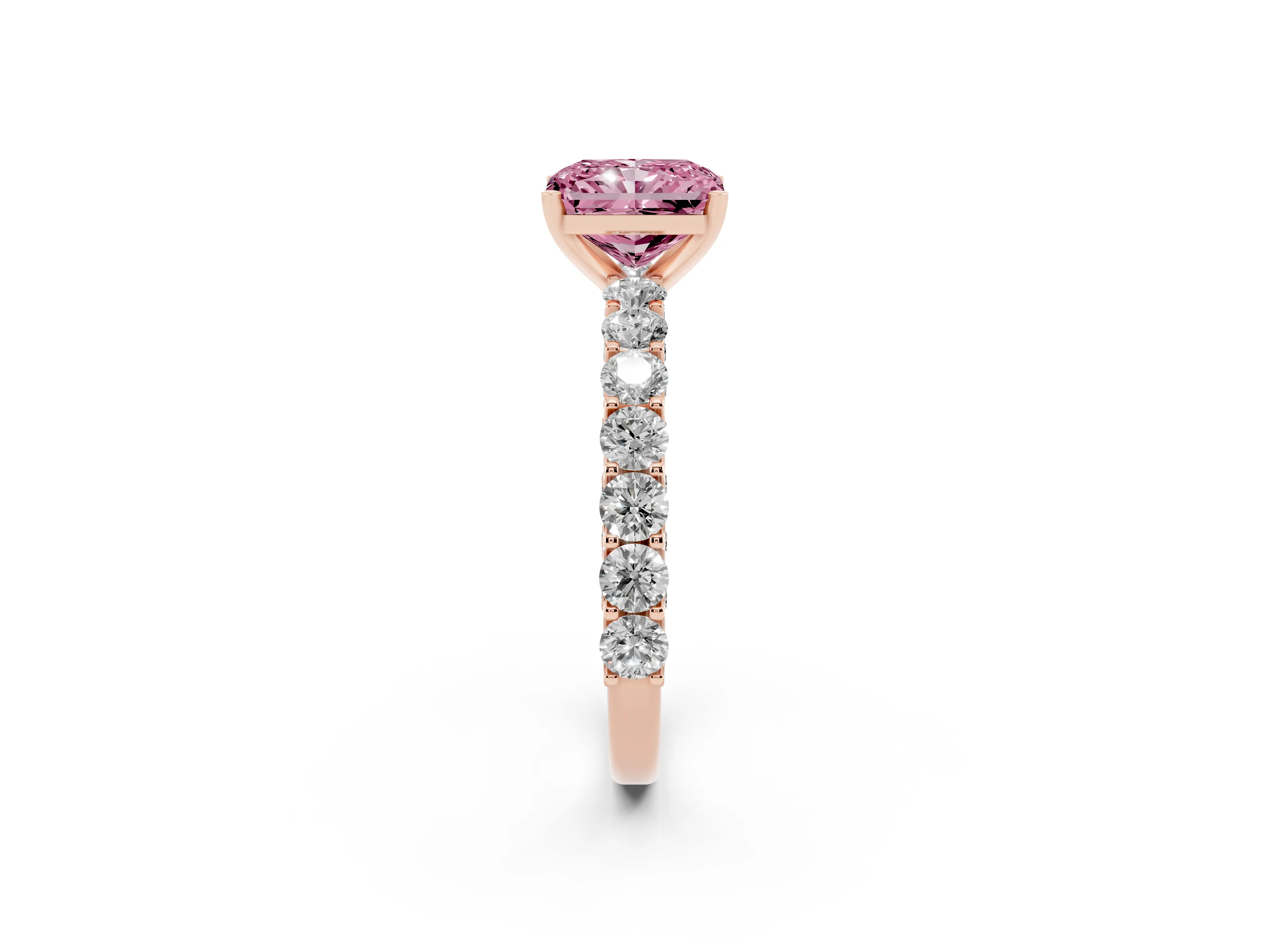 Fancy Pink Radiant Cut Diamond Solitaire Ring Set in Rose gold with Shared Prong Pavé Band