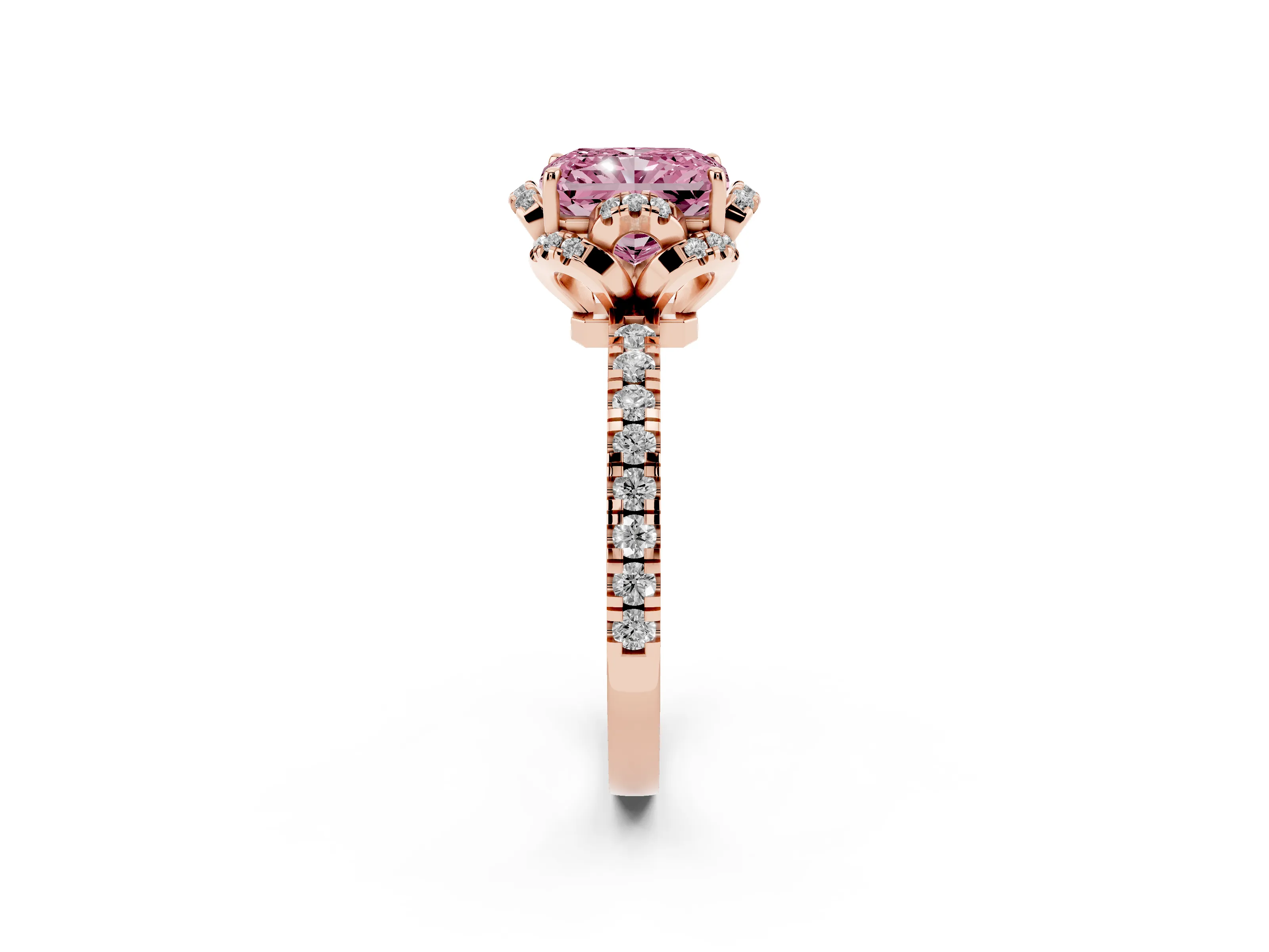 Fancy Pink Radiant Cut Diamond Halo Pavé Band Ring Set in Rose gold with Prong-Held Center