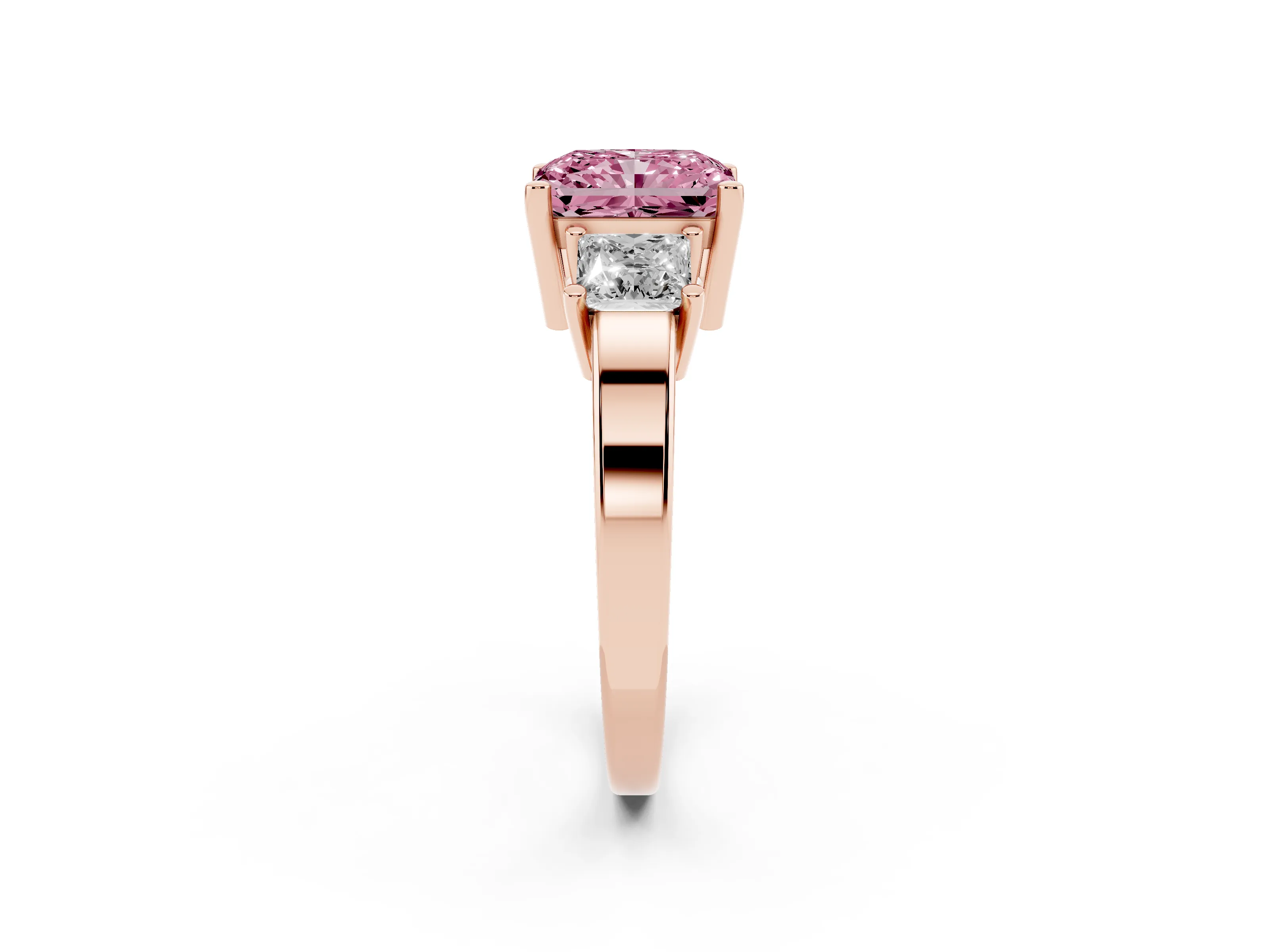 Fancy Pink Three-Stone Radiant Cut Diamond Solitaire Ring Set in Rose gold with Prong Setting