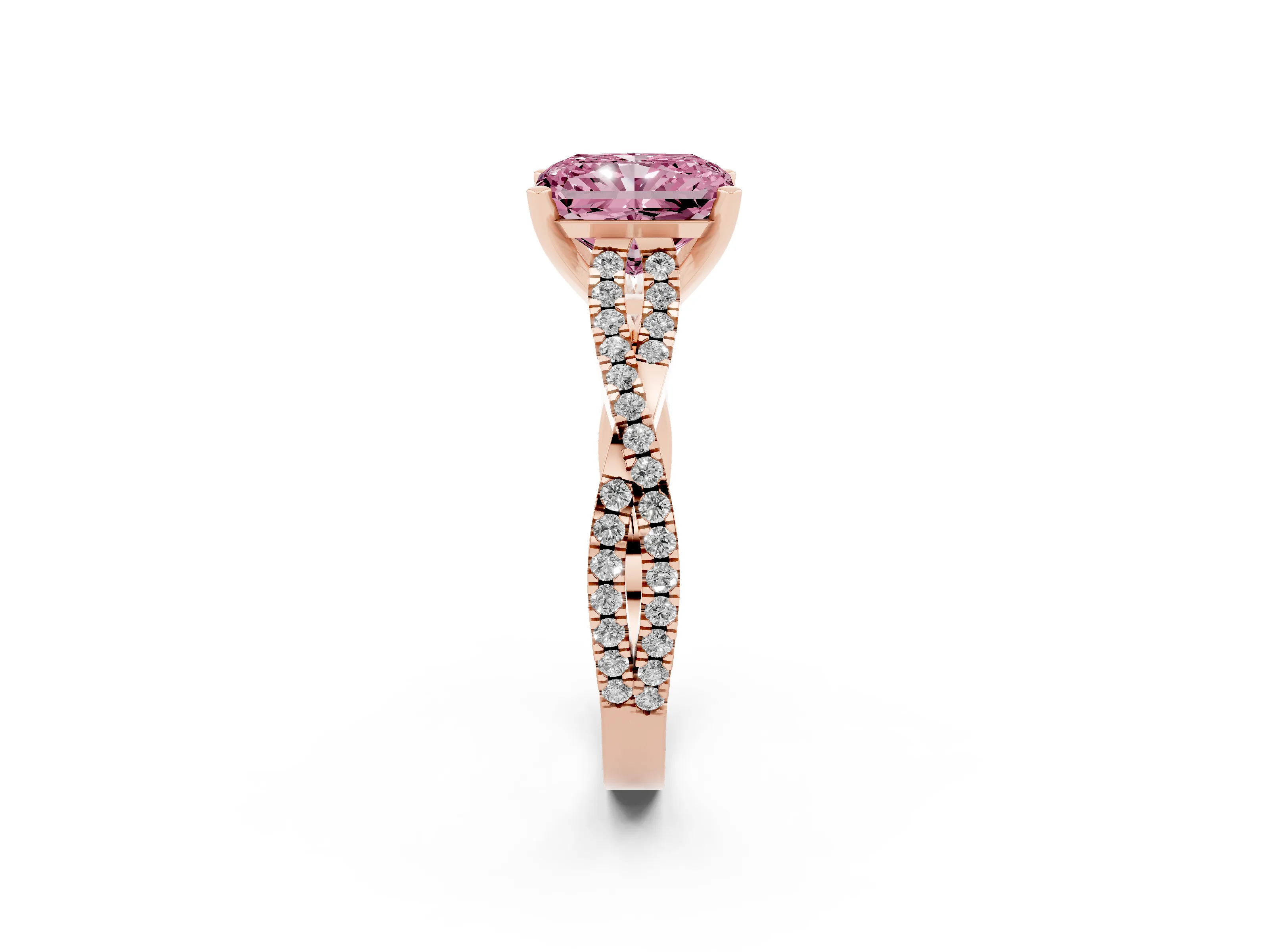 Fancy Pink Radiant Cut Diamond Solitaire Engagement Ring Set in Rose gold with Twisted Pavé Band and Prong Setting