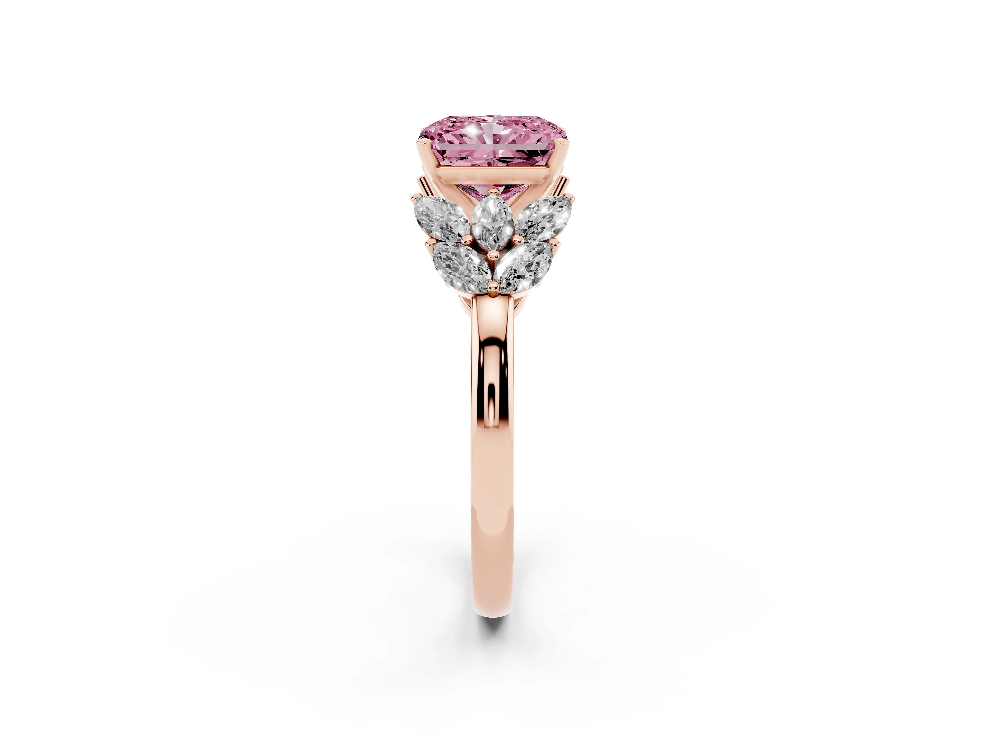 Fancy Pink Radiant Cut Diamond Cluster Leaf Design Ring Set in Rose gold with Prong Setting