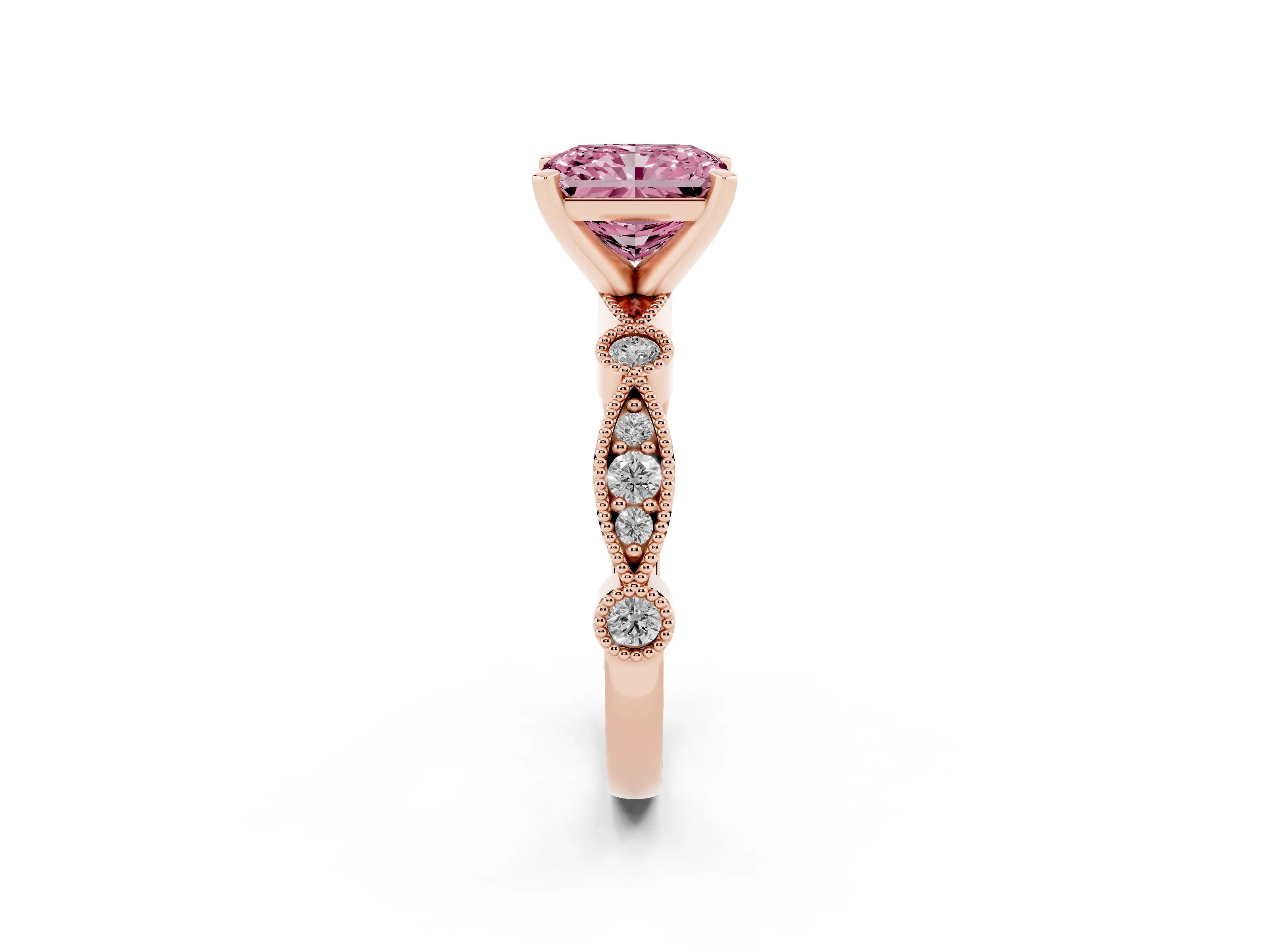 Fancy Pink Radiant Cut Diamond Solitaire Engagement Ring Set in Rose gold with Milgrain Bezel Accent Band