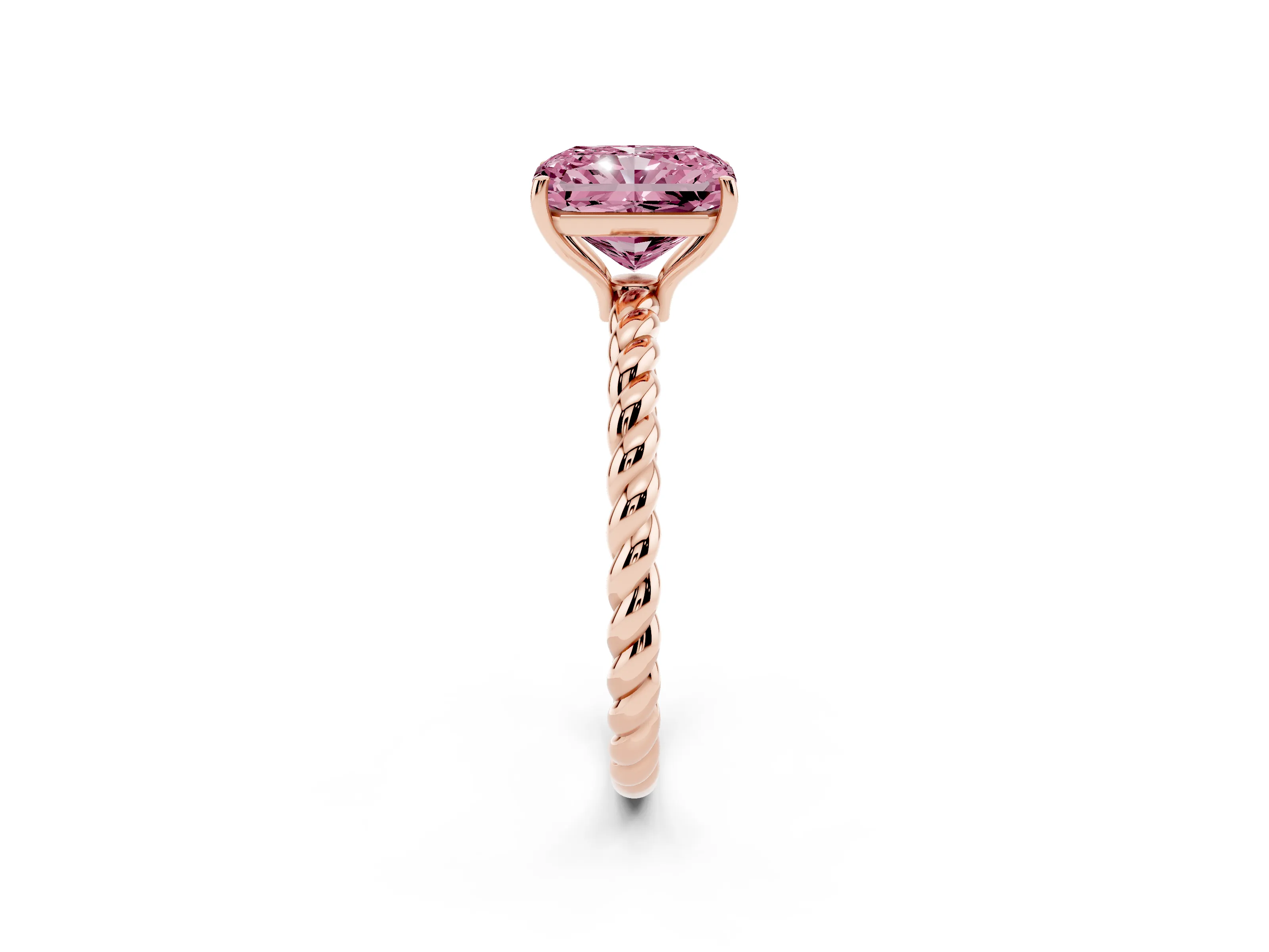 Fancy Pink Radiant Cut Diamond Solitaire Ring Set in Rose gold with Twist Band and Prong Setting
