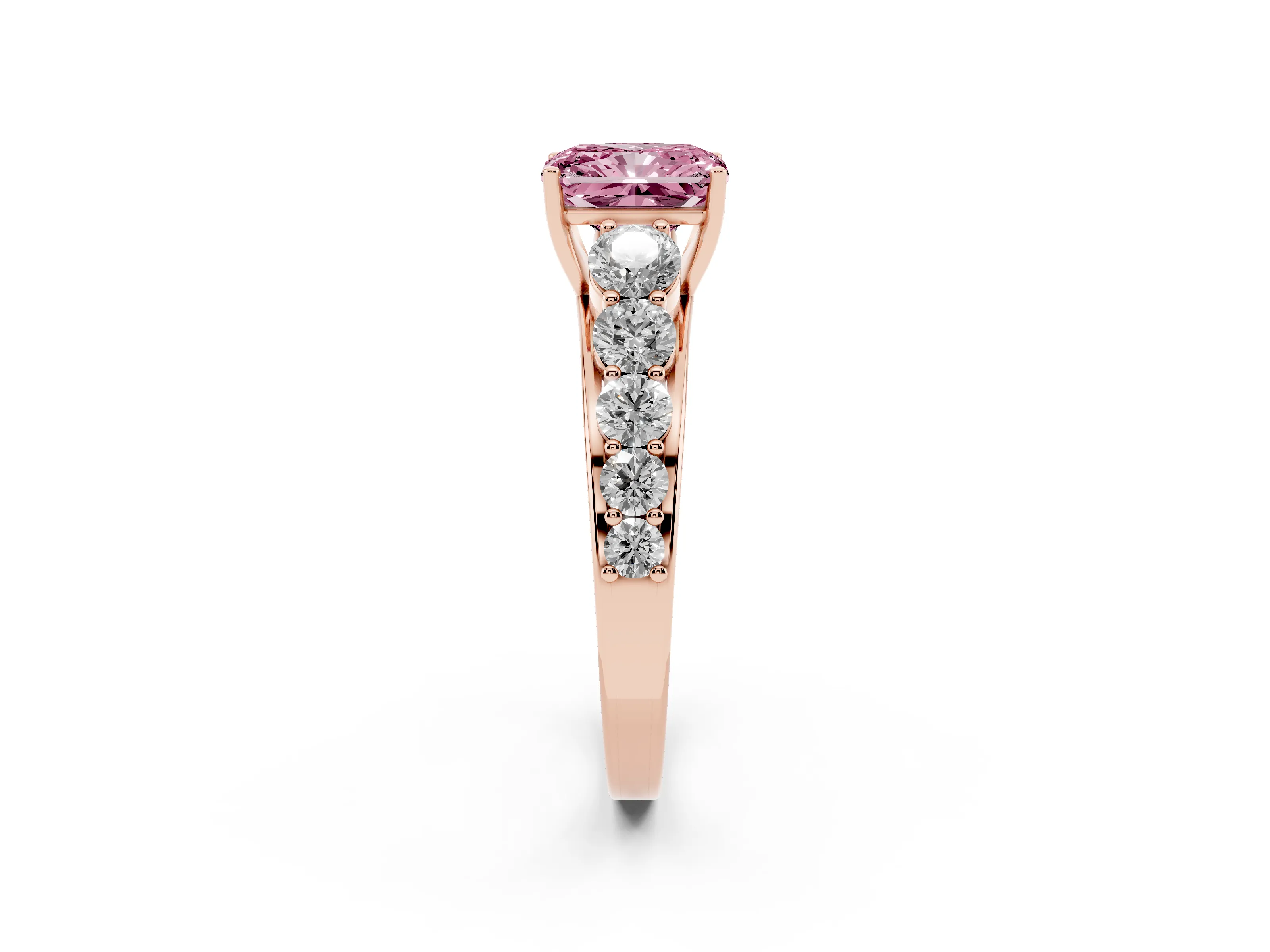 Fancy Pink Radiant Cut Diamond Solitaire Ring Set in Rose gold with Pavé-Set Band and Prong Setting