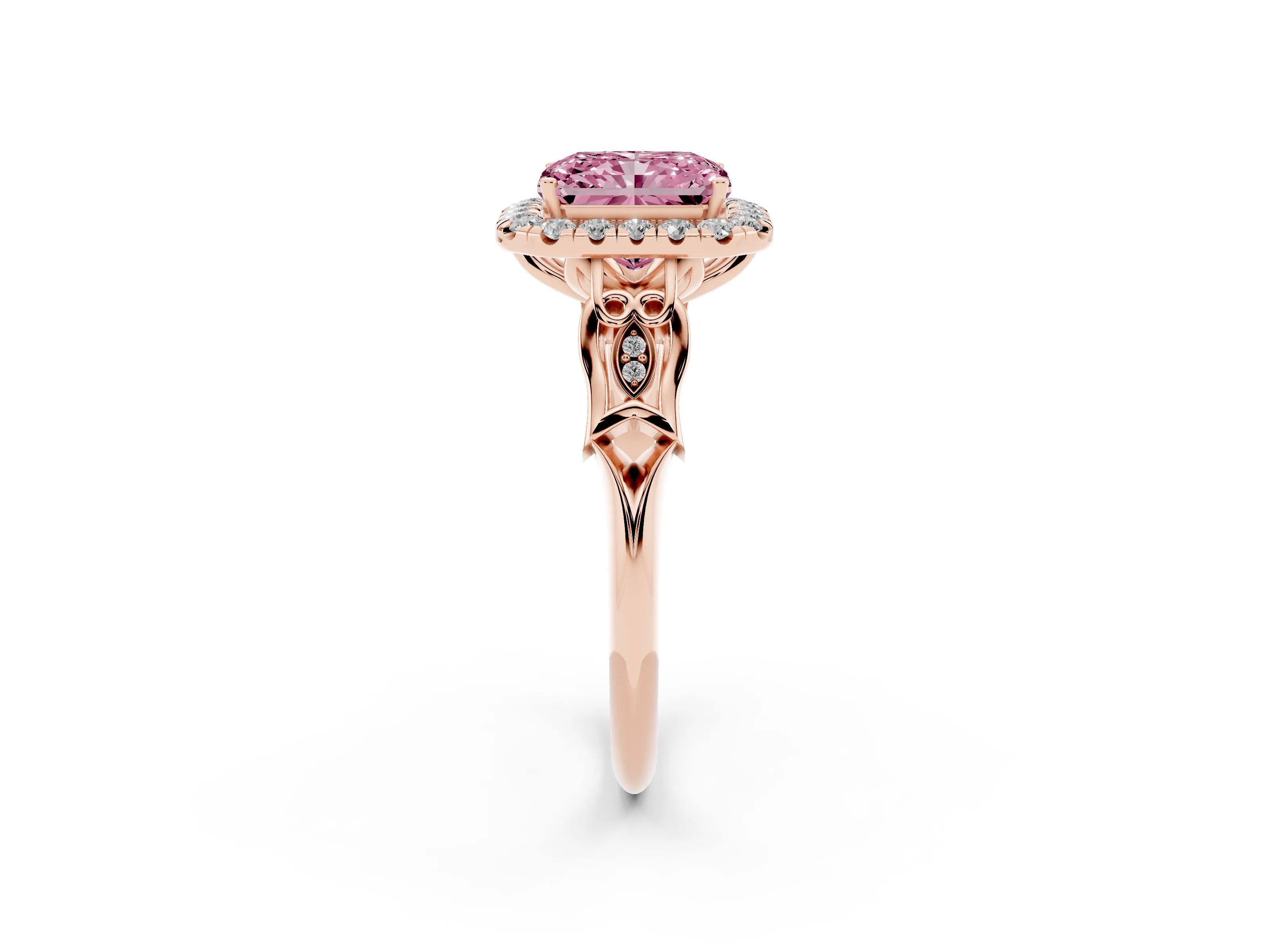 Fancy Pink Radiant Cut Diamond Halo Engagement Ring Set in Rose gold with Filigree Band and Prong-Set Center
