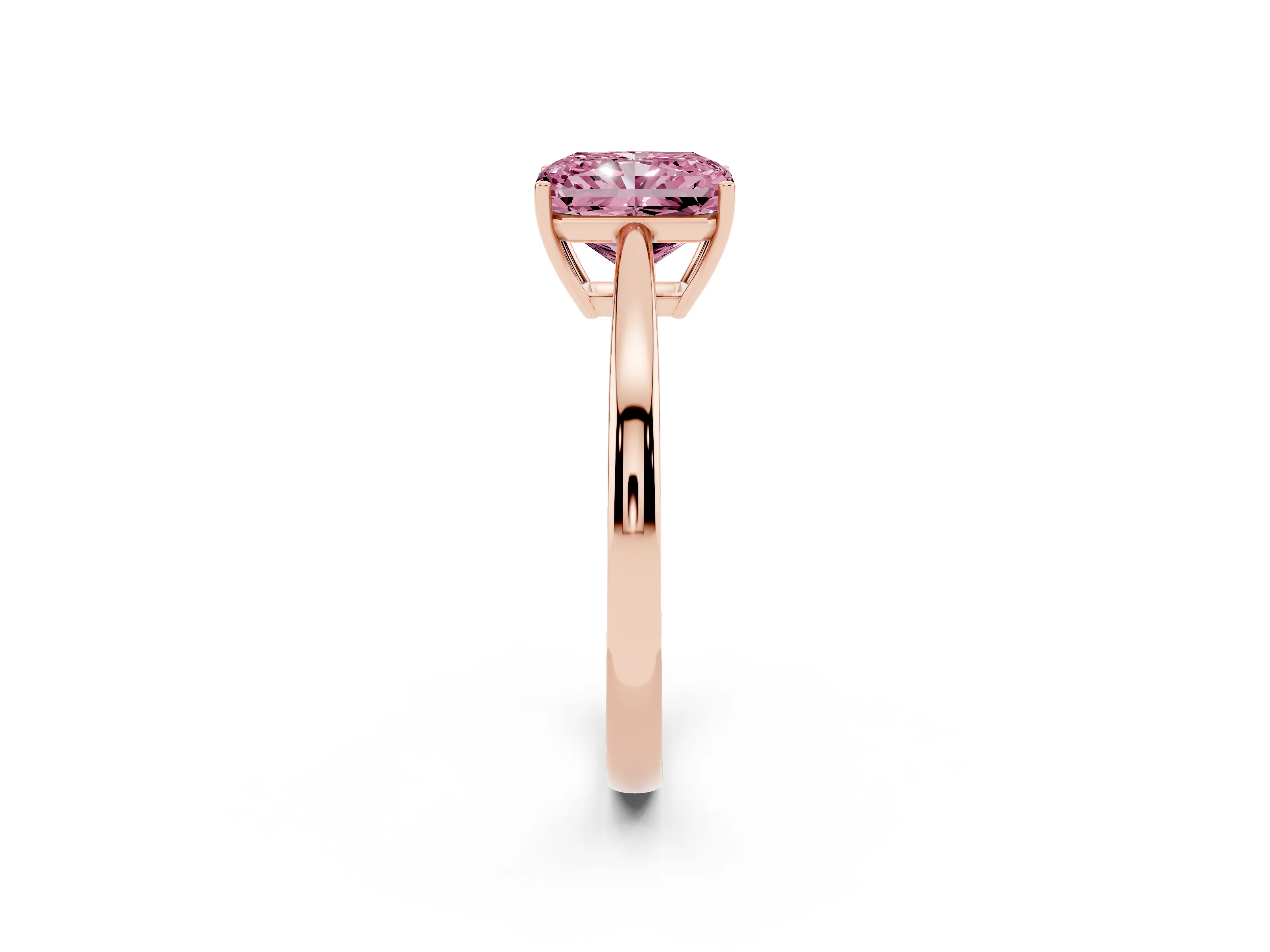 Fancy Pink Radiant Cut Diamond Solitaire Ring Set in Rose gold with Split Shank and Prong Setting