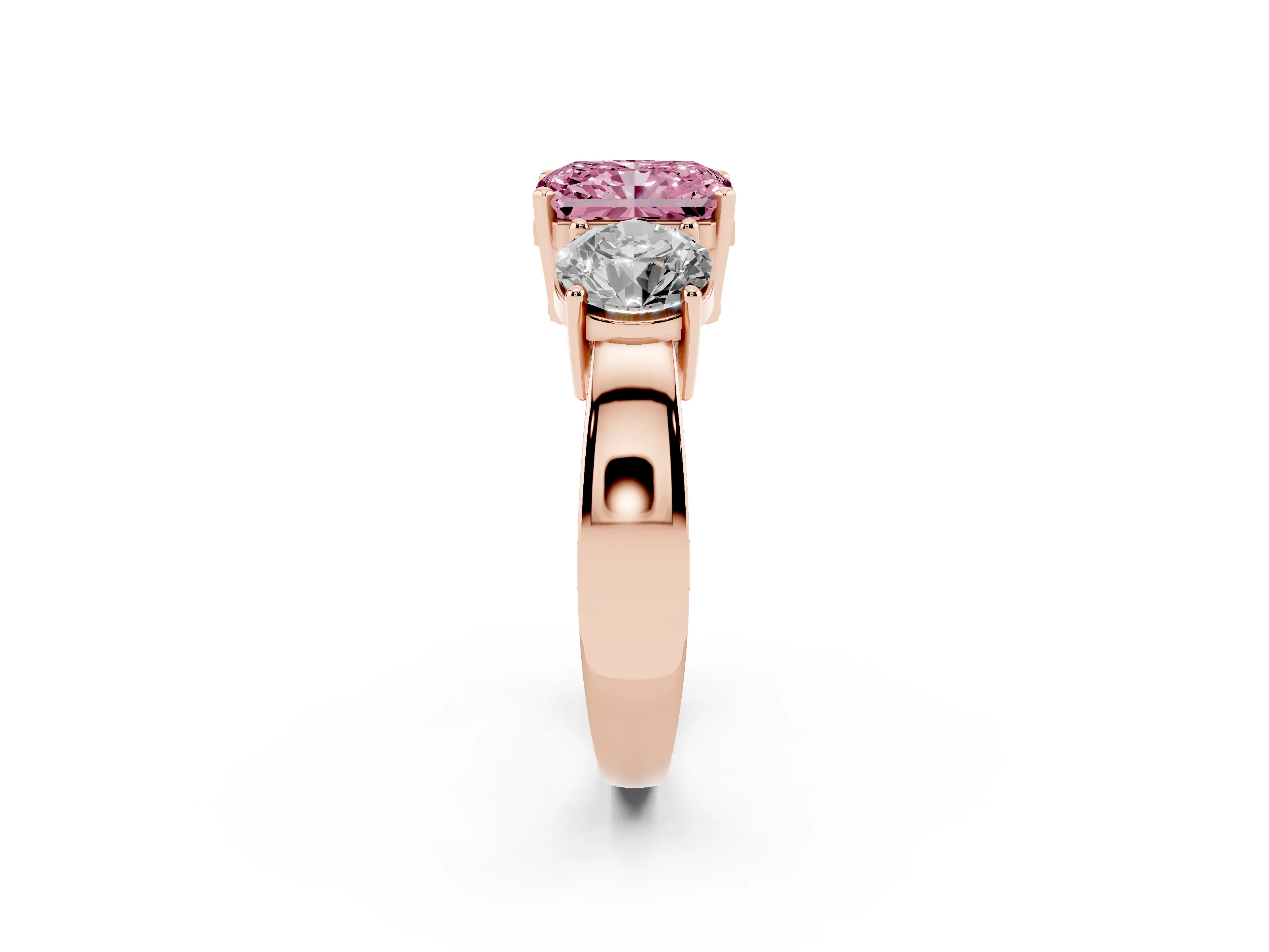 Fancy Pink Radiant Cut Diamond Three-Stone Ring Set in Rose gold with Round Side Stones and Classic Band