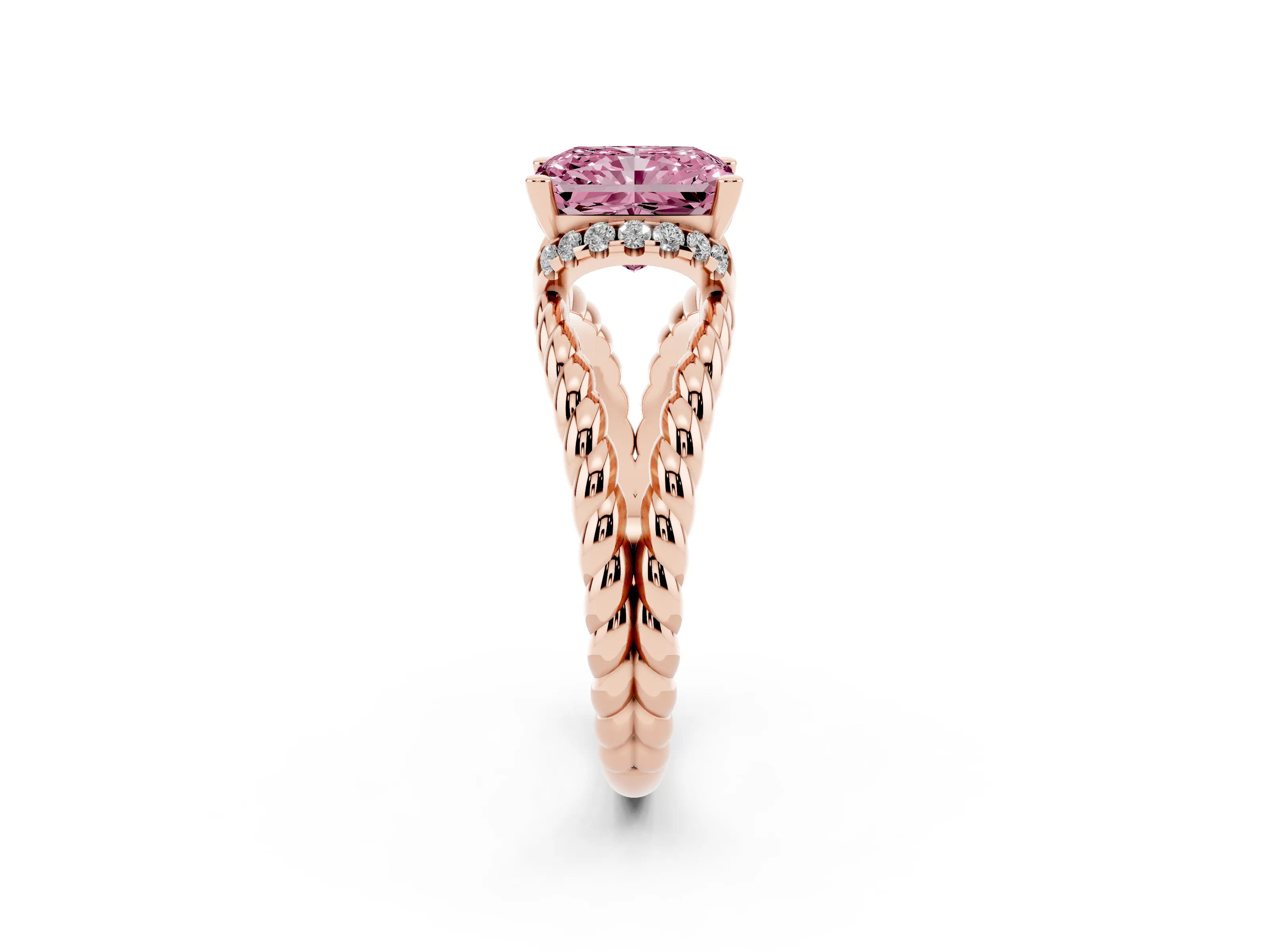 Fancy Pink Radiant Cut Diamond Halo Ring Set in Rose gold with Twisted Band and Prong Setting