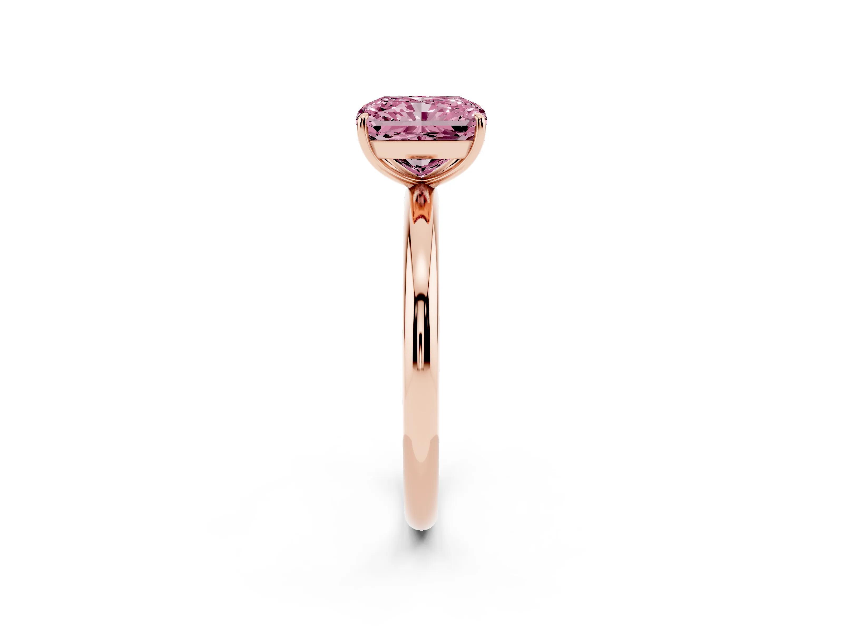 Fancy Pink Radiant Cut Diamond Solitaire Ring Set in Rose gold with Prong Setting on a Polished Plain Band