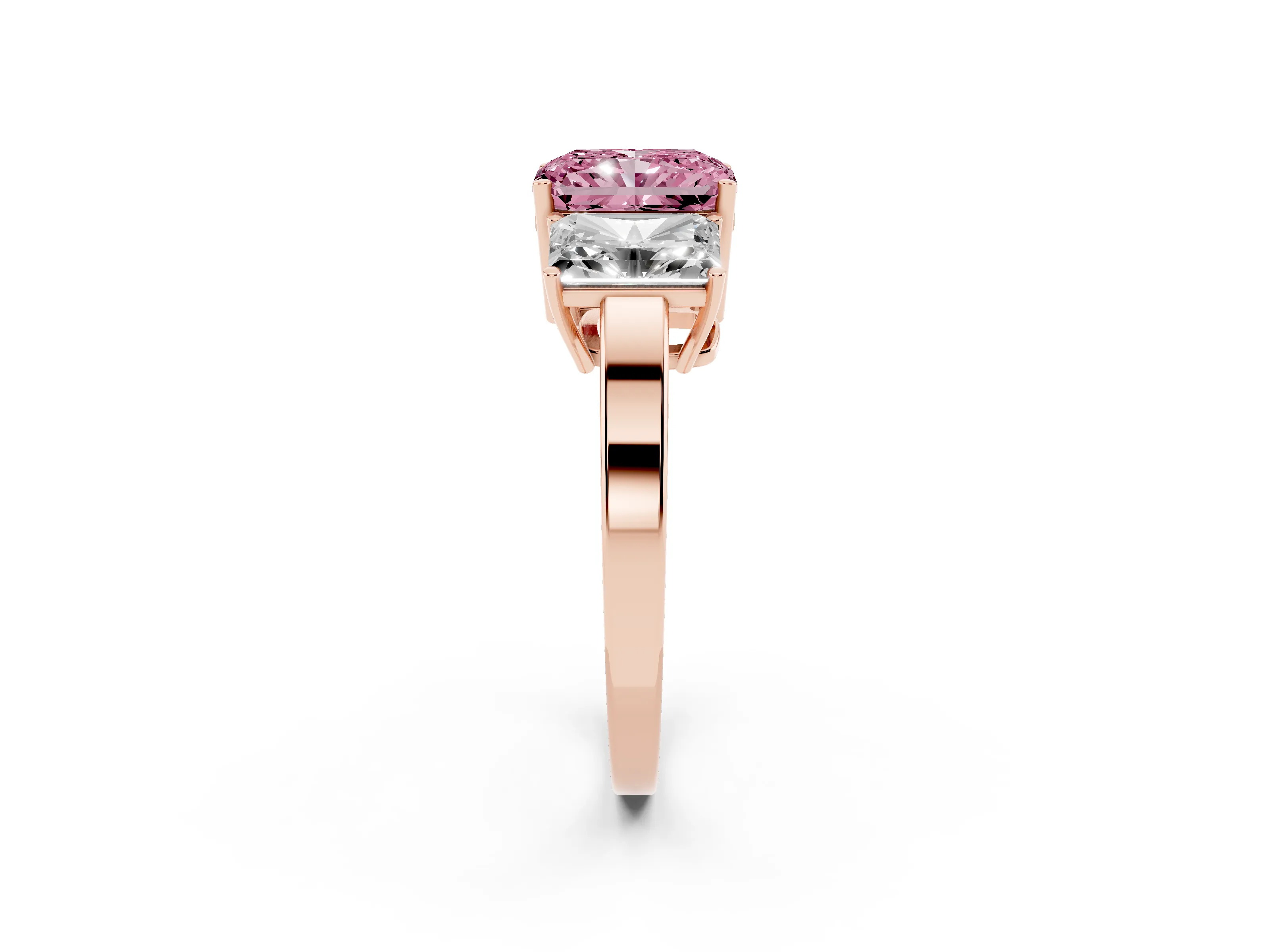 Fancy Pink Radiant Cut Diamond Three-Stone Engagement Ring Set in Rose gold with Flat Band