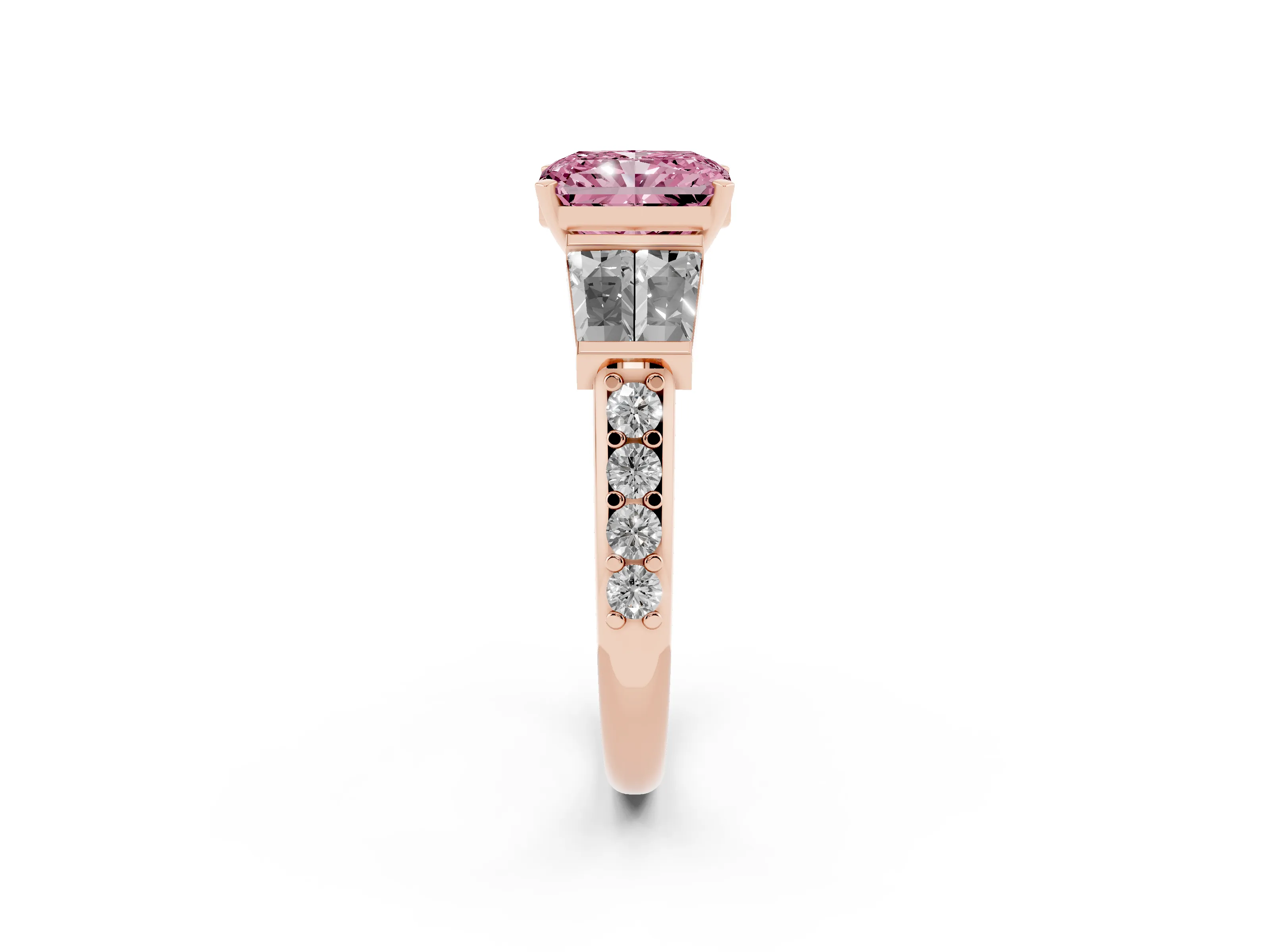 Fancy Pink Radiant Cut Diamond Engagement Ring Set in Rose gold with Baguette Side Stones and Channel Set Band