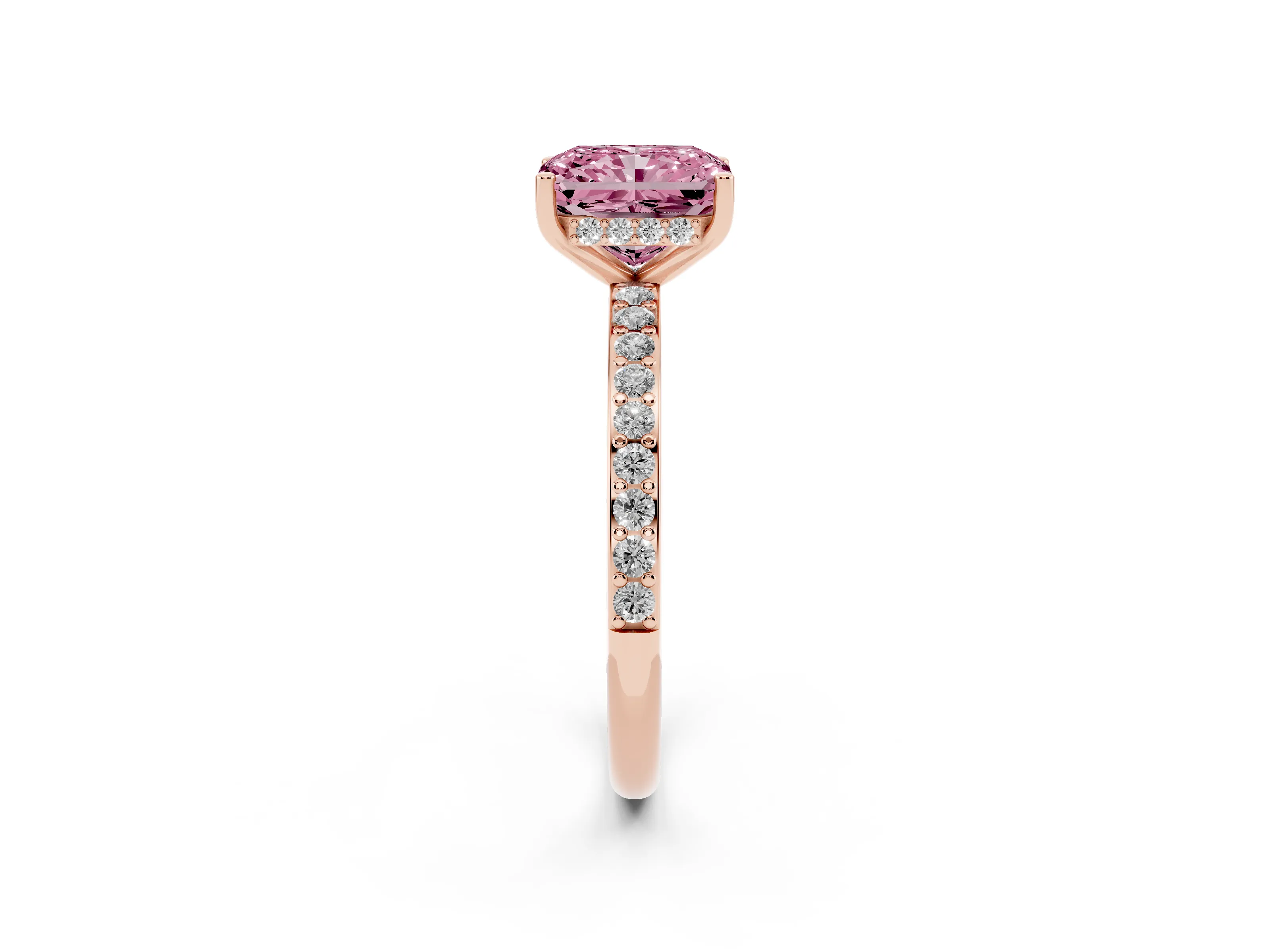 Fancy Pink Radiant Cut Diamond Pavé Band Ring Set in Rose gold with Prong-Set Center Stone