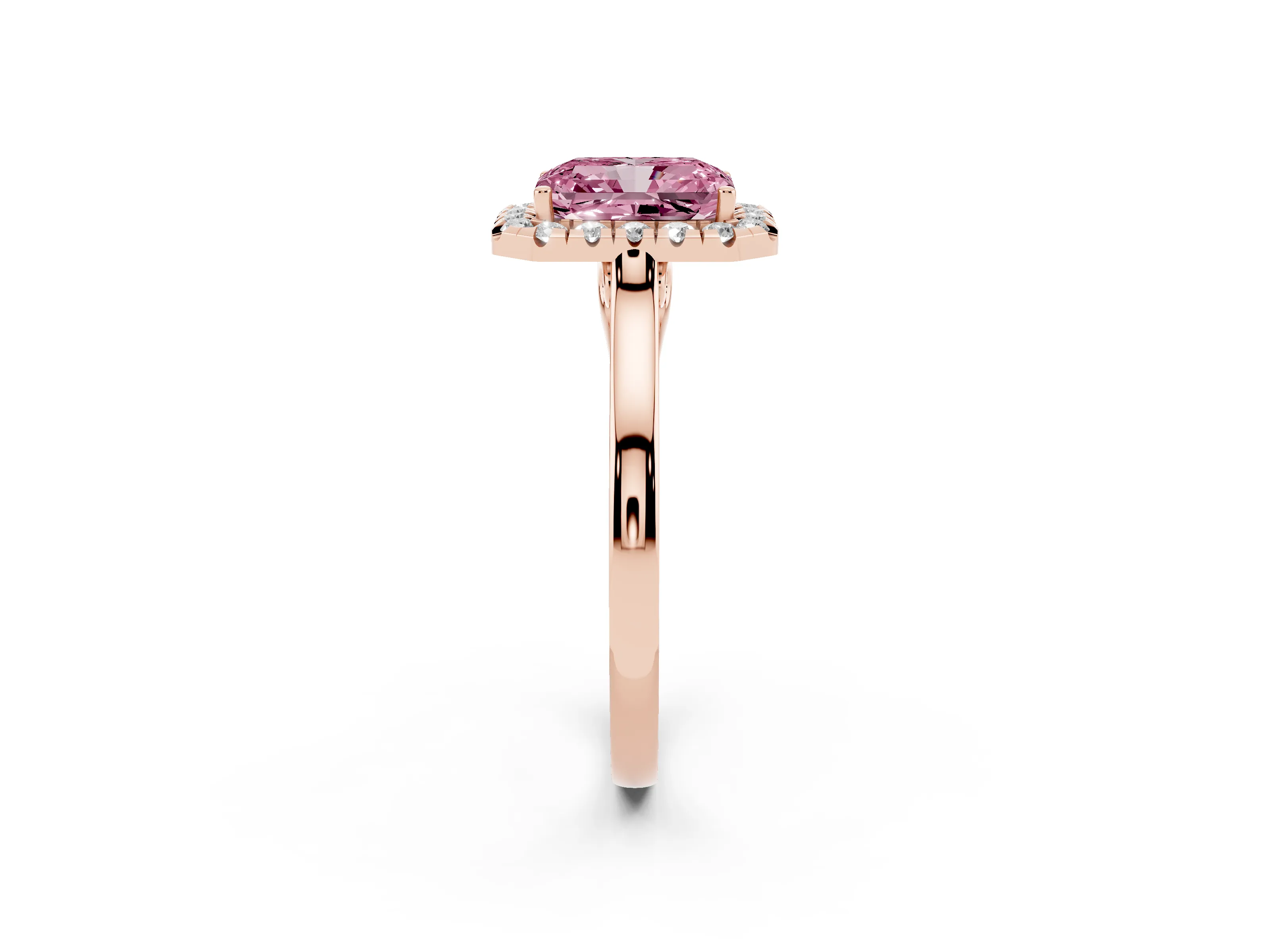 Fancy Pink Radiant Cut Halo Round Diamond Solitaire Ring Set in Rose gold with Pavé Band and Prong Setting