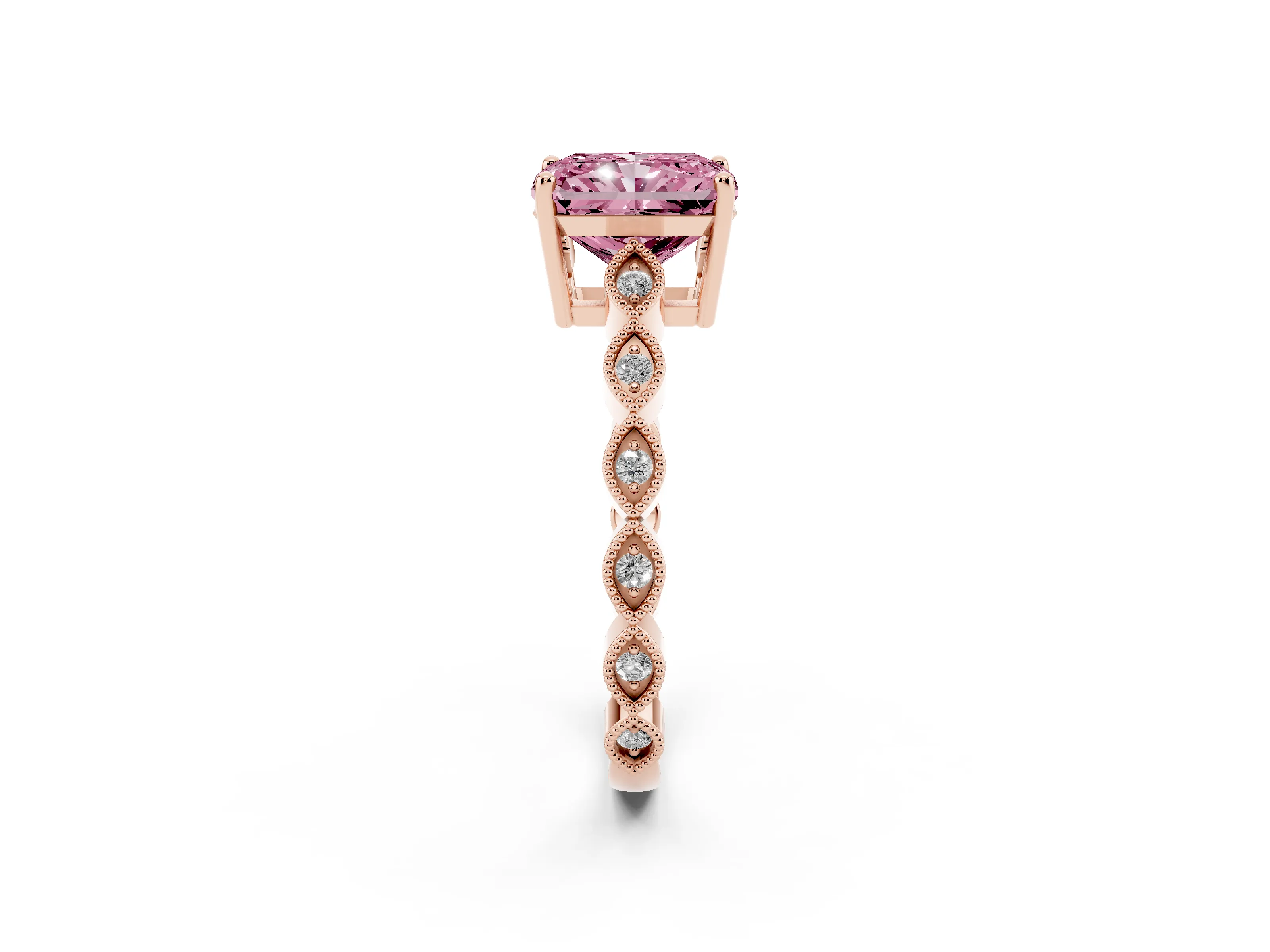 Fancy Pink Radiant Cut Diamond Solitaire Ring Set in Rose gold with Infinity Twist Pavé Band