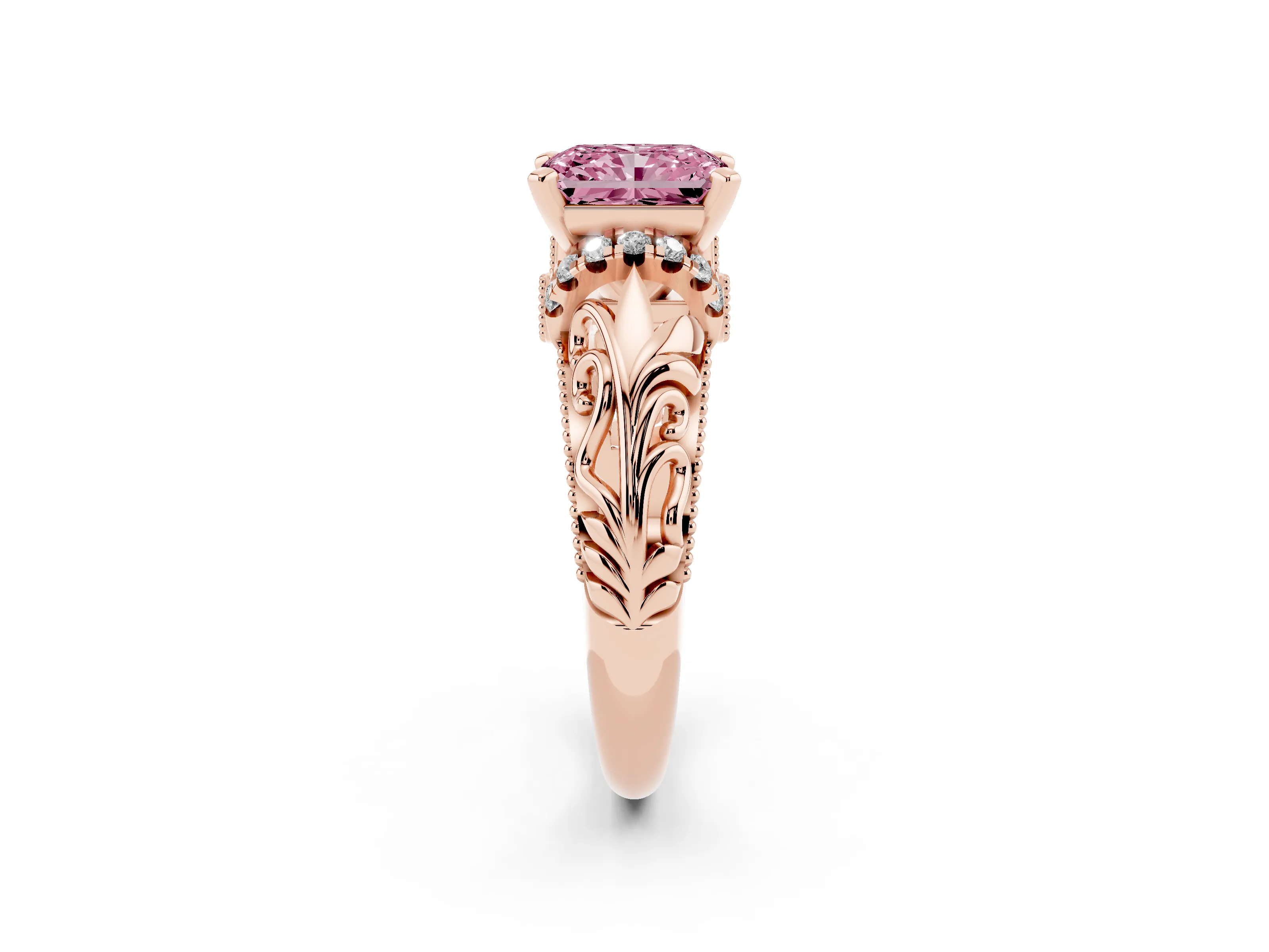 Fancy Pink Radiant Cut Diamond Filigree Halo Engagement Ring Set in Rose gold with Prong Setting