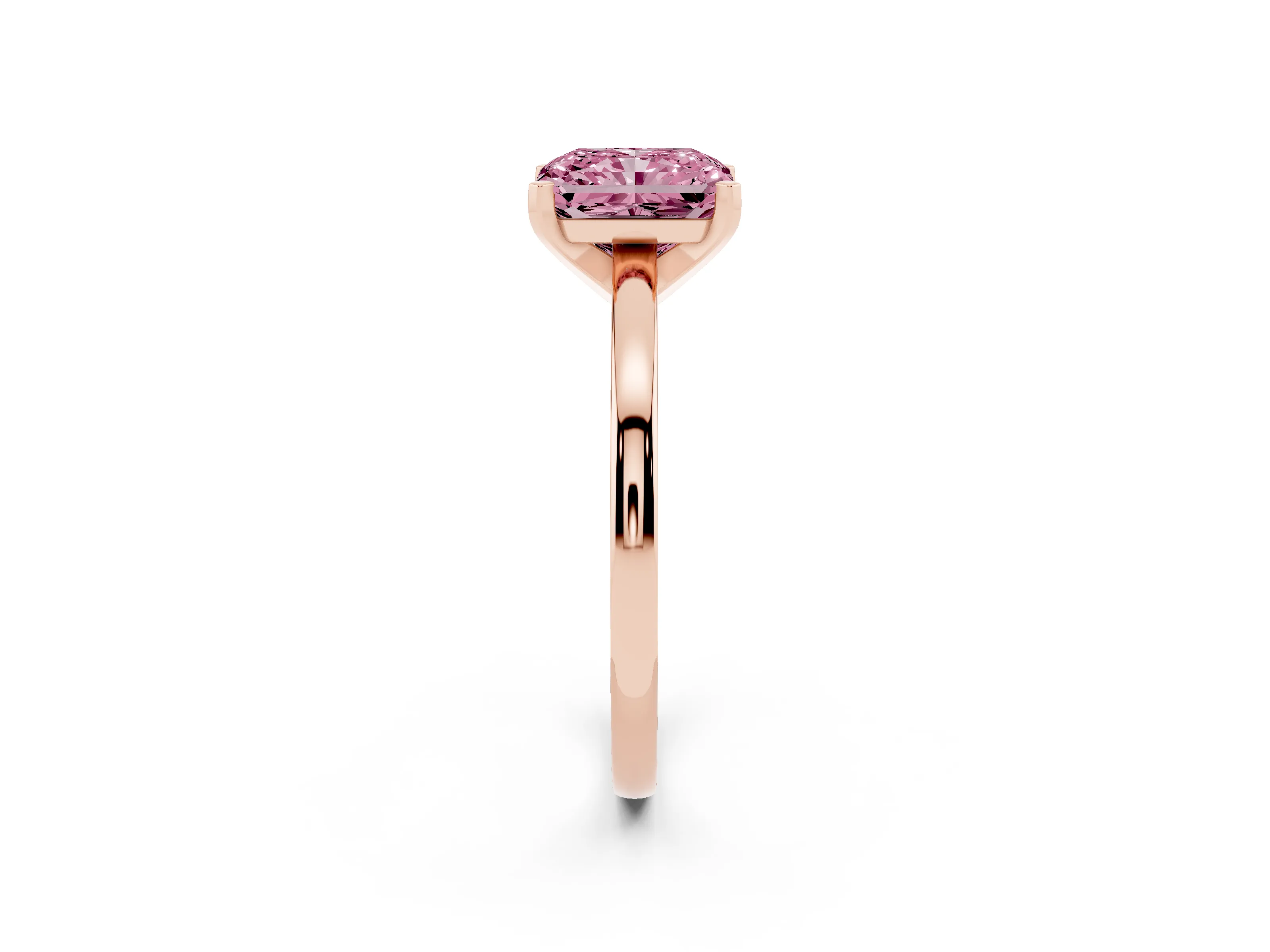 Fancy Pink Radiant Cut Diamond Solitaire Engagement Ring Set in Rose gold with Prong Setting on a Classic Band