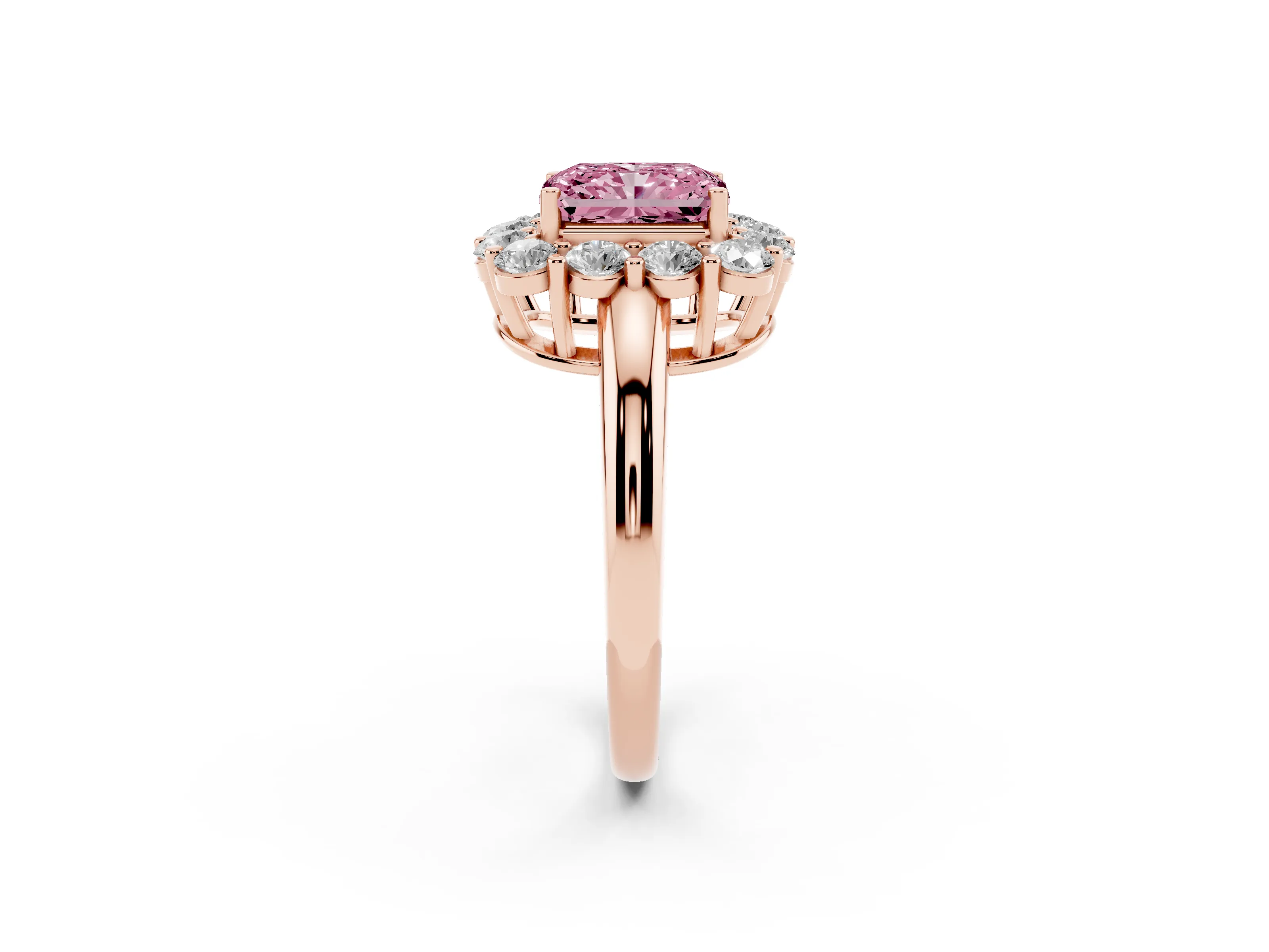 Fancy Pink Radiant Cut Diamond Halo Cluster Engagement Ring Set in Rose gold with Polished Band and Prong Setting
