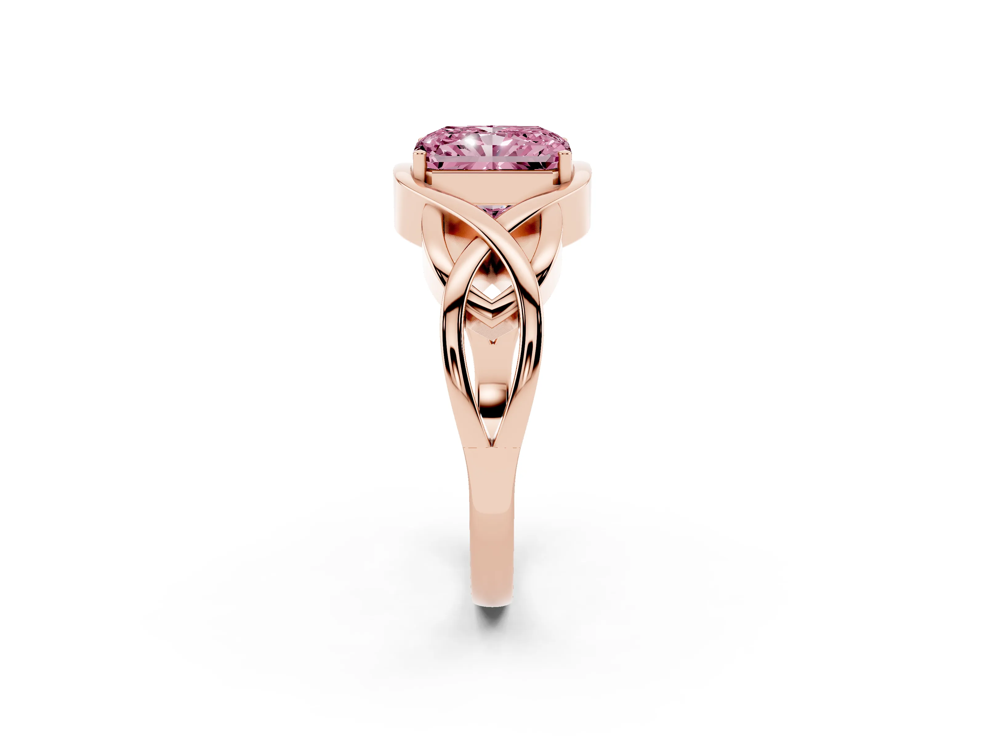 Fancy Pink Radiant Cut Diamond Solitaire Ring Set in Rose gold with Intertwined Band