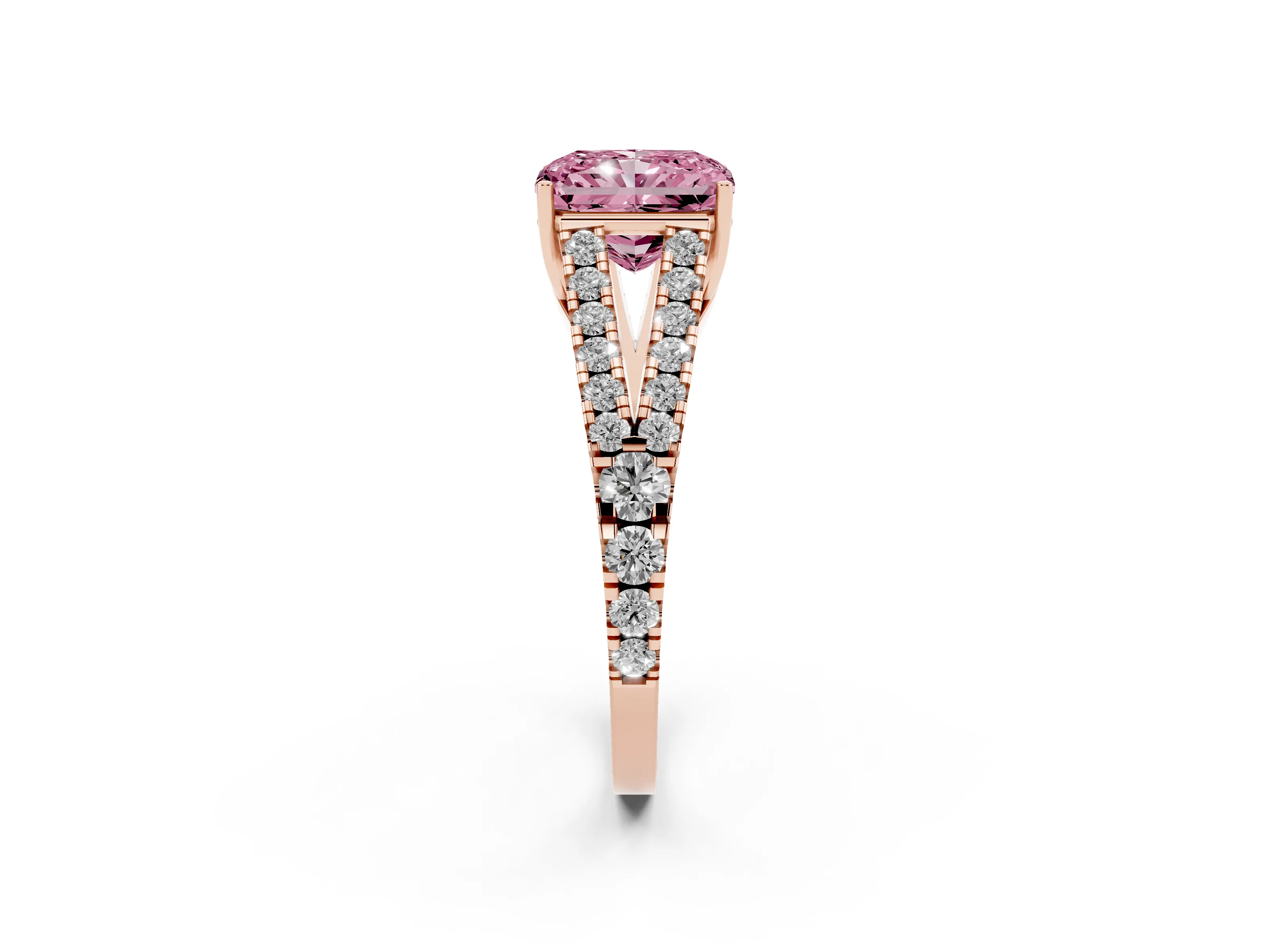 Fancy Pink Radiant Cut Diamond Split Shank Pavé Engagement Ring Set in Rose gold with Prong-Held Center Stone