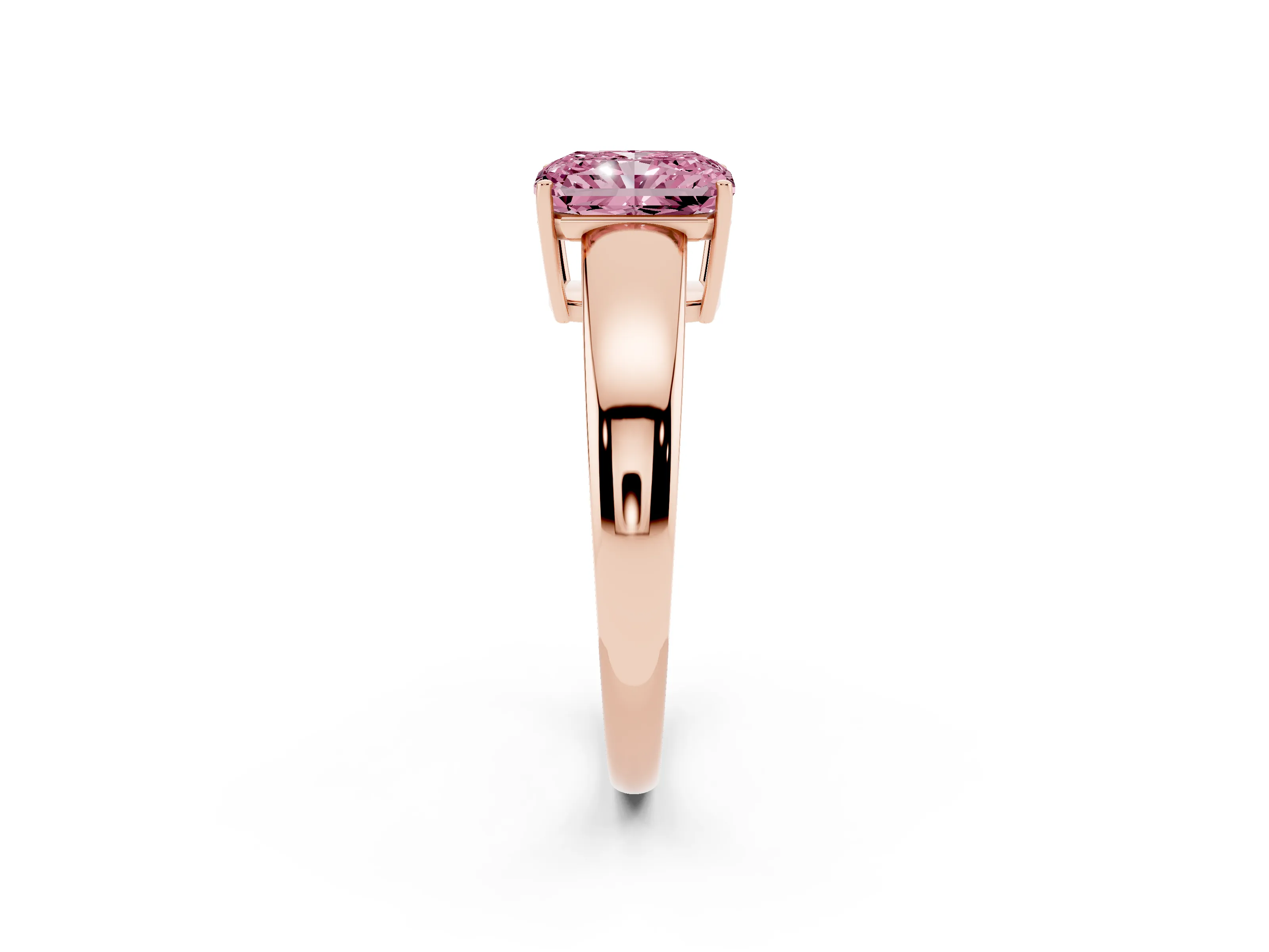 Fancy Pink Radiant Cut Diamond Solitaire Ring Set in Rose gold with Tapered Band and Prong Setting