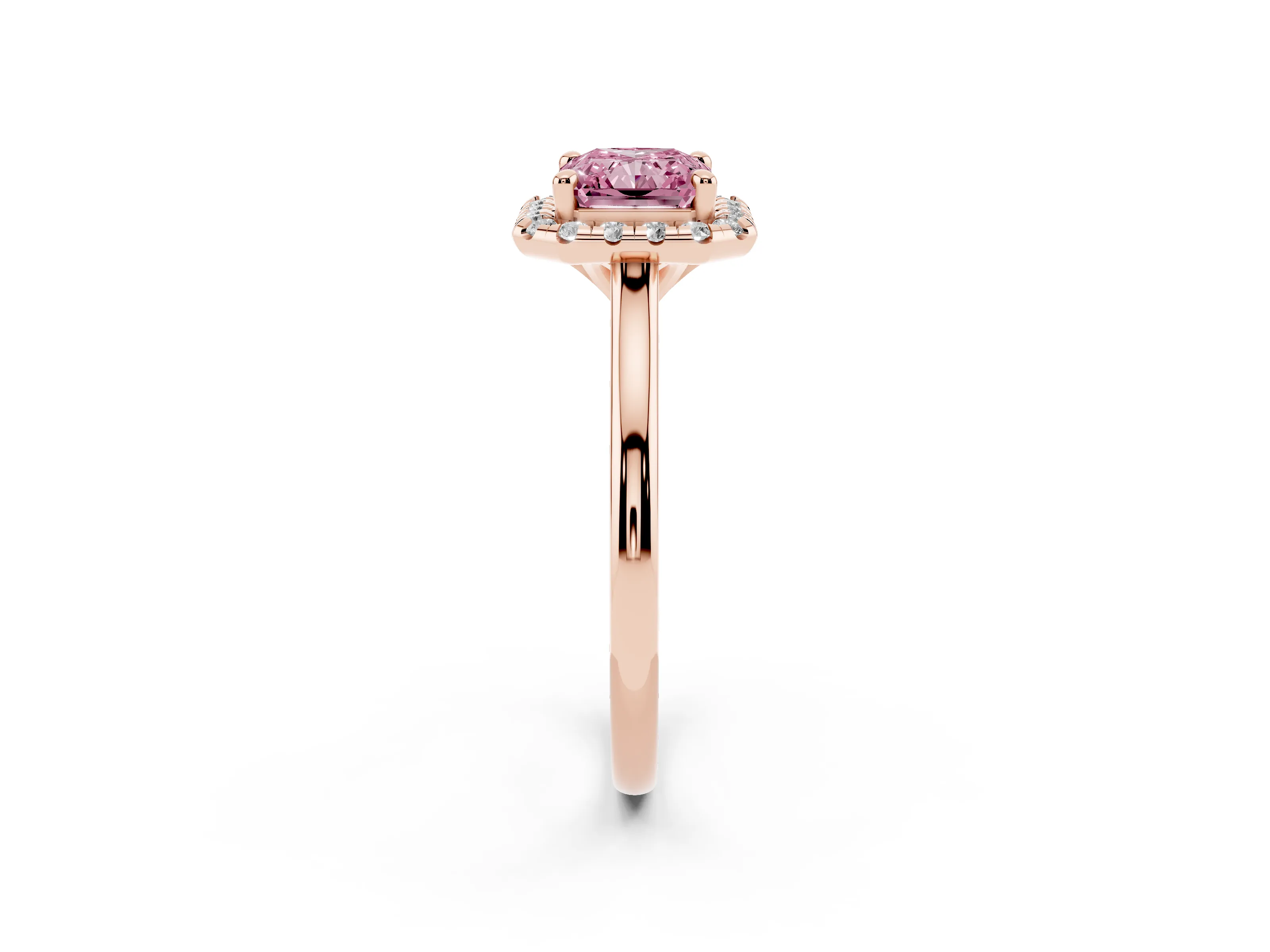 Fancy Pink Radiant Cut Diamond Halo Engagement Ring Set in Rose gold with Pavé Band and Rising Shoulders