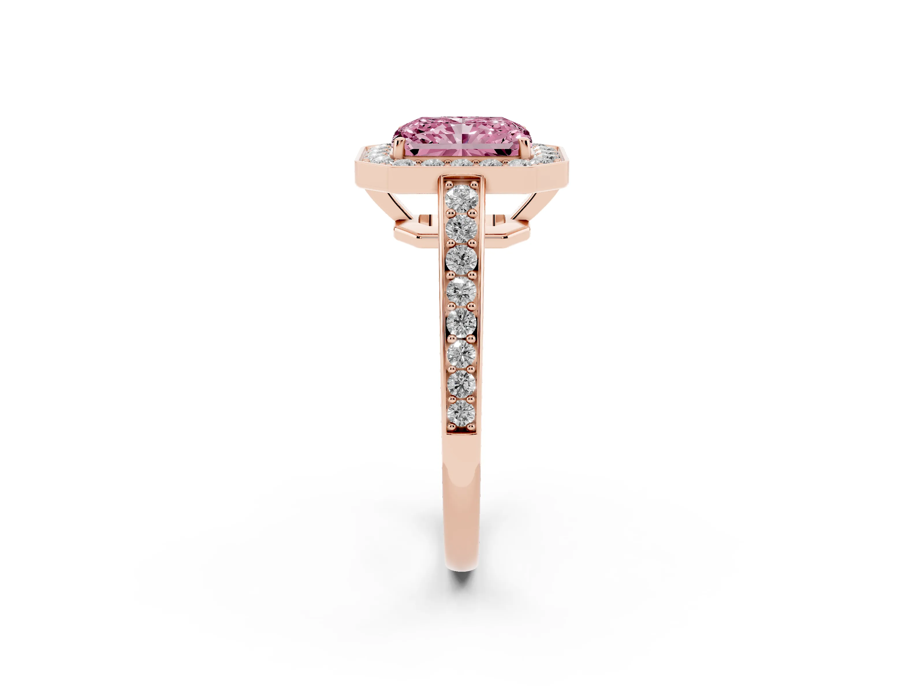 Fancy Pink Radiant Cut Diamond Halo Pavé Engagement Ring Set in Rose gold with Bezel Setting