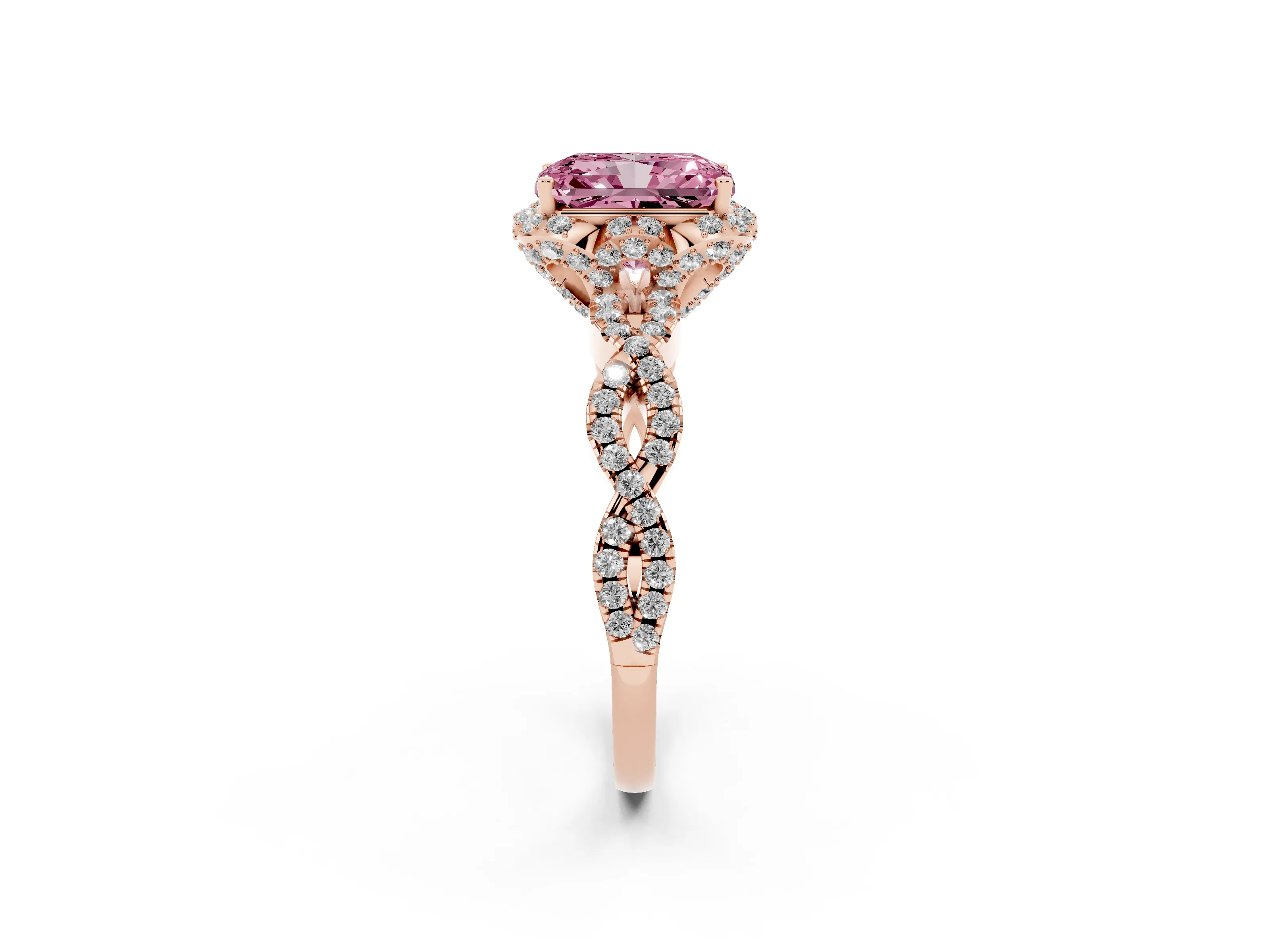 Fancy Pink Radiant Cut Diamond Halo Twist Band Solitaire Ring Set in Rose gold with Prong-Set Center Stone