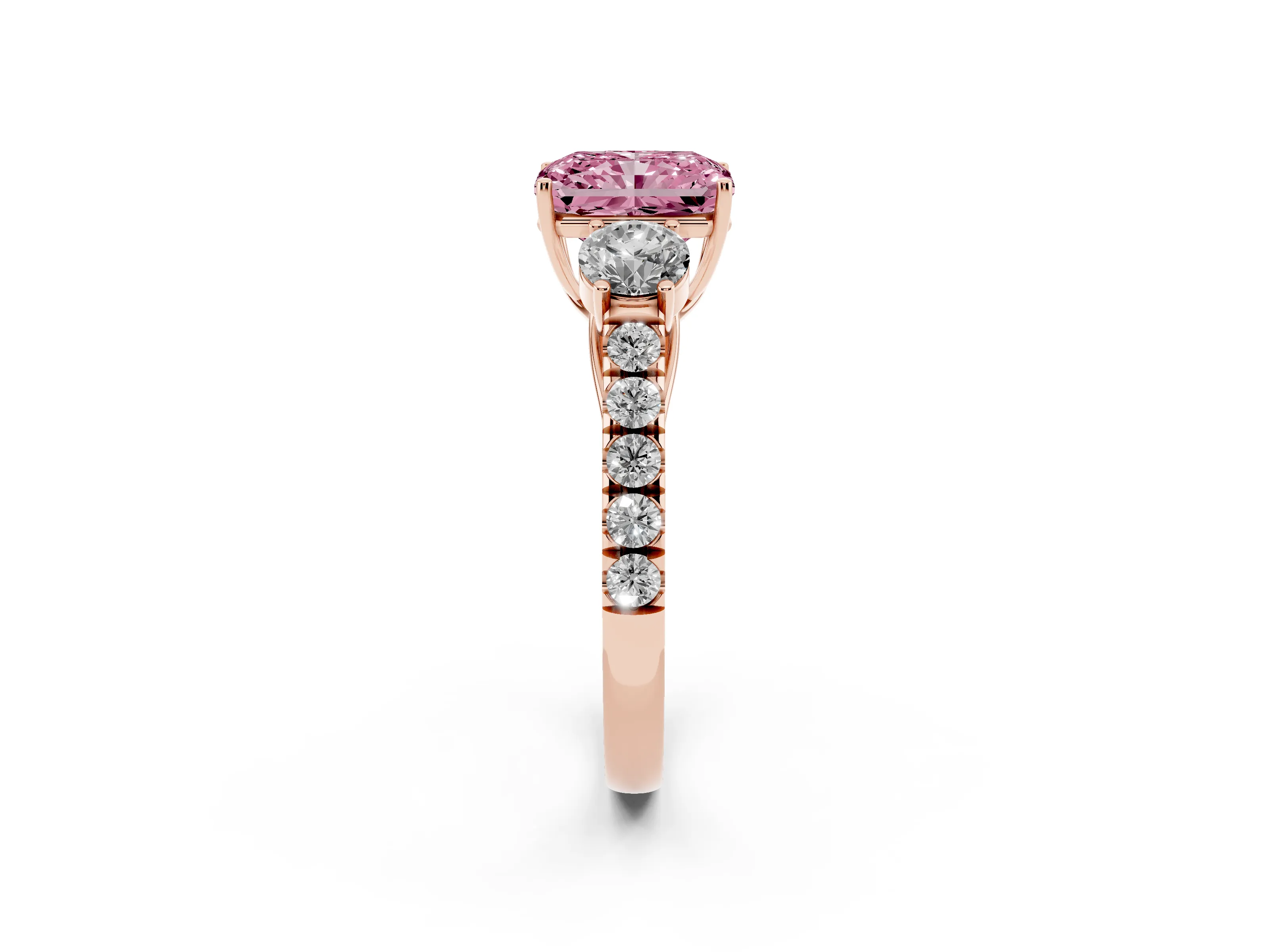 Fancy Pink Radiant Cut Diamond Three-Stone Ring Set in Rose gold with Round Side Stones and Delicate Pavé Band