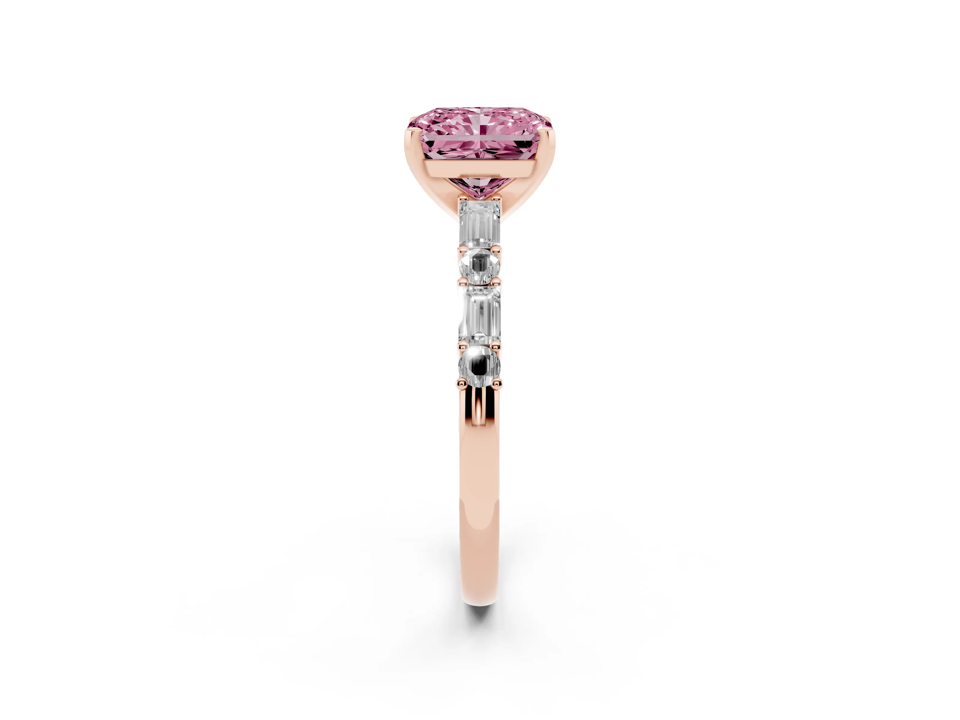Fancy Pink Radiant Cut Diamond Solitaire Set in Rose gold with Side Baguettes and Channel Set Band