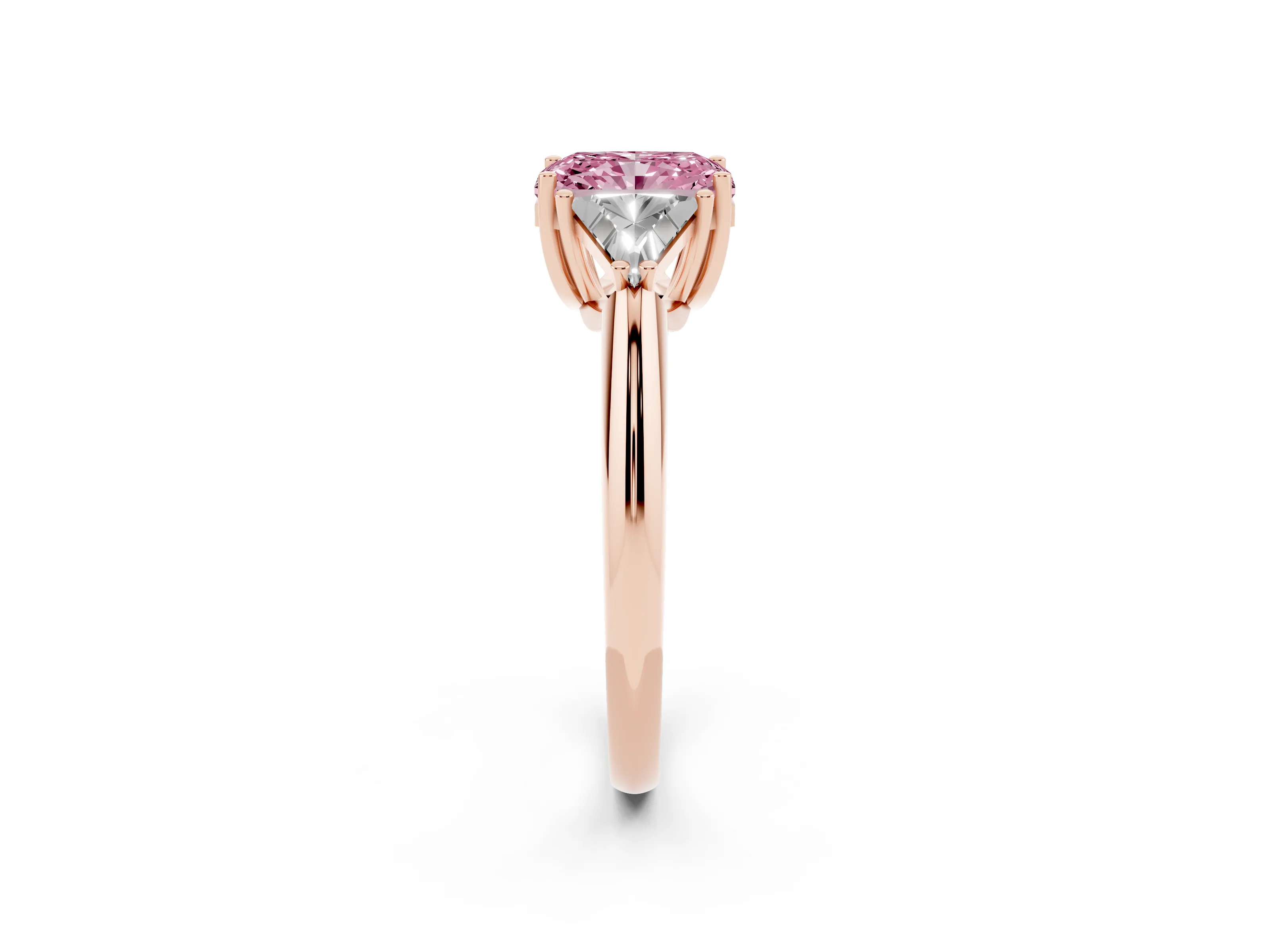 Fancy Pink Radiant Cut Diamond Three-Stone Engagement Ring Set in Rose gold with Trillion Side Stones