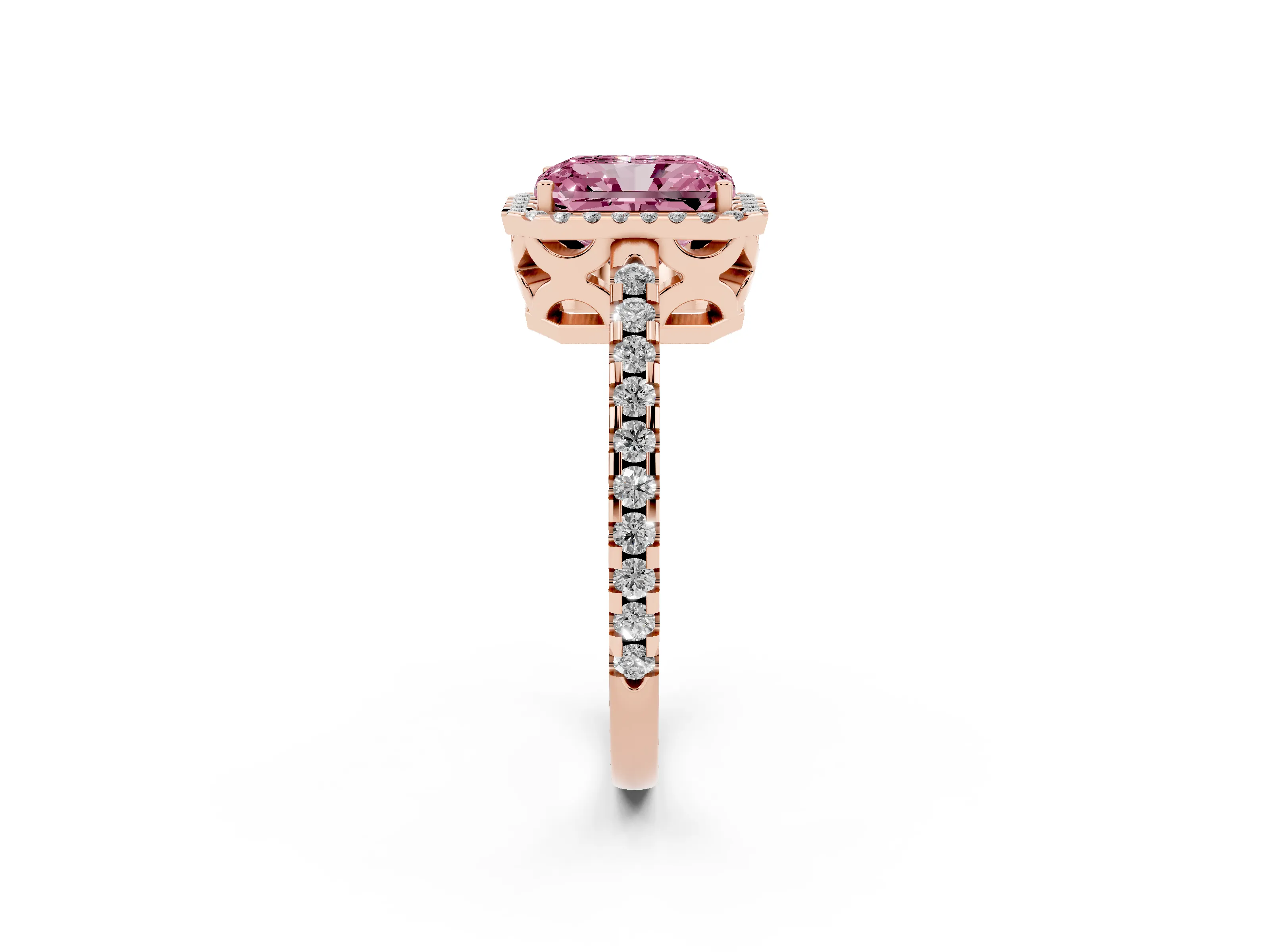 Fancy Pink Radiant Cut Diamond Halo Ring Set in Rose gold with Pavé Shoulders and Halo-Framed Center