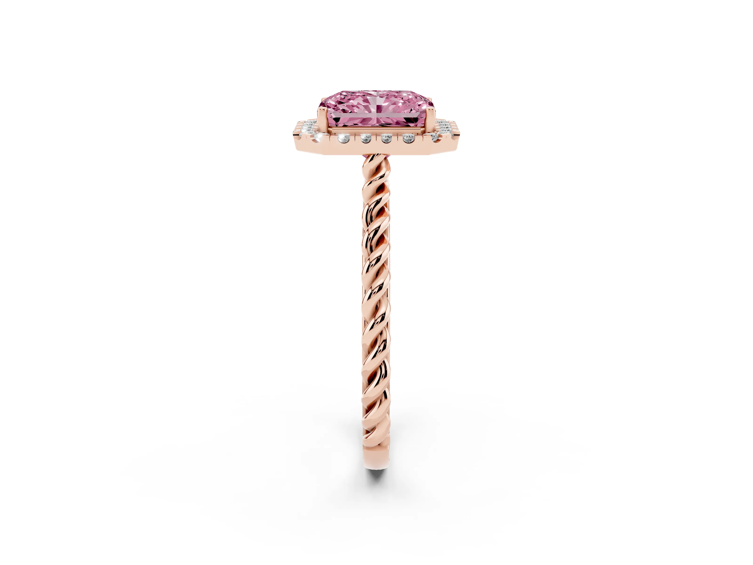 Fancy Pink Radiant Cut Diamond Halo Ring Set in Rose gold with Plain Twisted Band