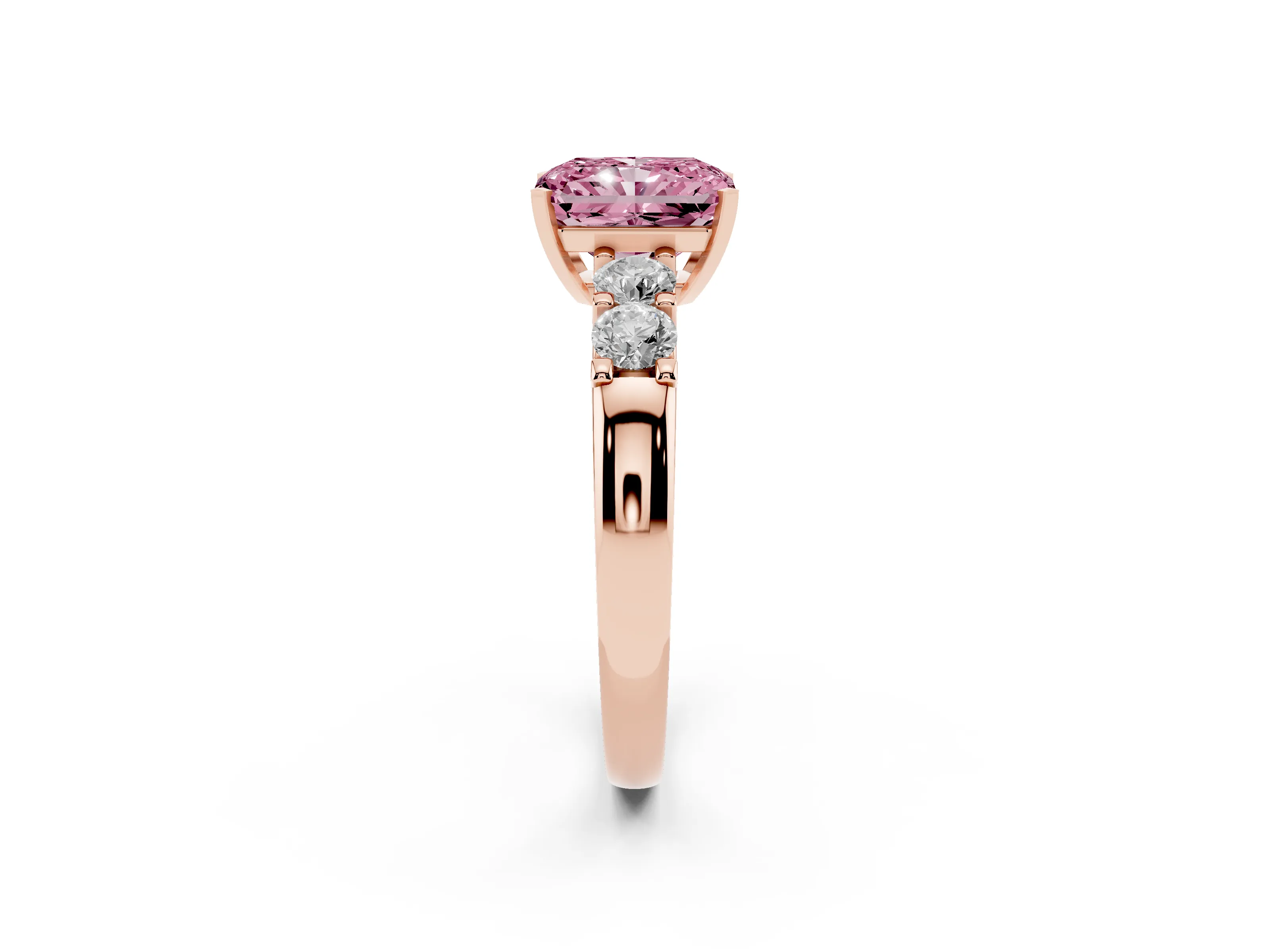 Fancy Pink Radiant Cut Diamond Five-Stone Prong Set Engagement Ring Set in Rose gold with Channel Band