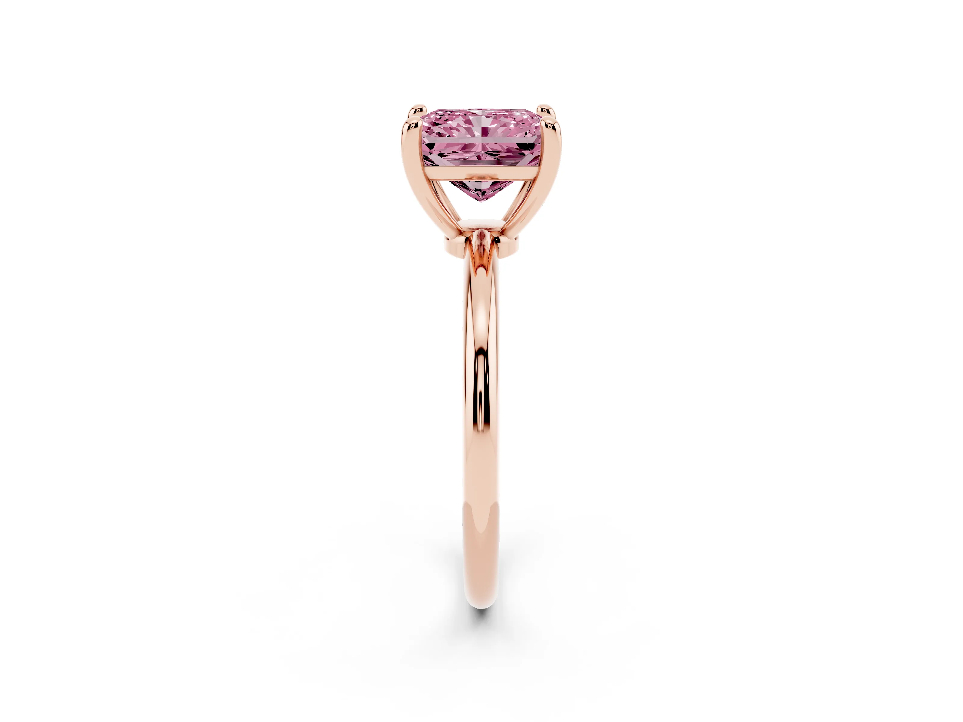 Fancy Pink Radiant Cut Diamond Solitaire Ring Set in Rose gold with Secure Prong Setting on a Classic Band