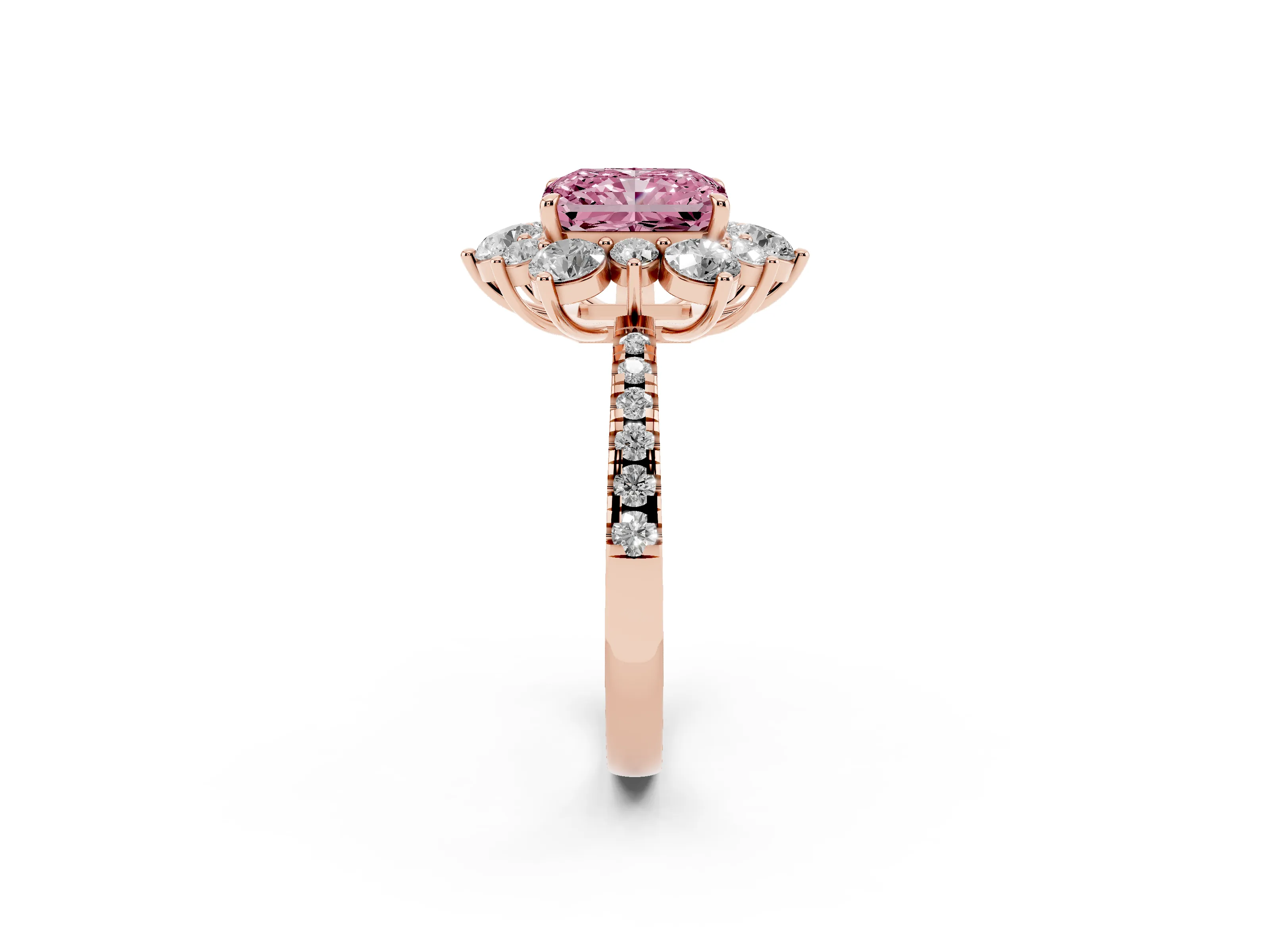 Fancy Pink Radiant Cut Diamond Floral Halo Ring Set in Rose gold with Round Pavé Band and Prong Setting