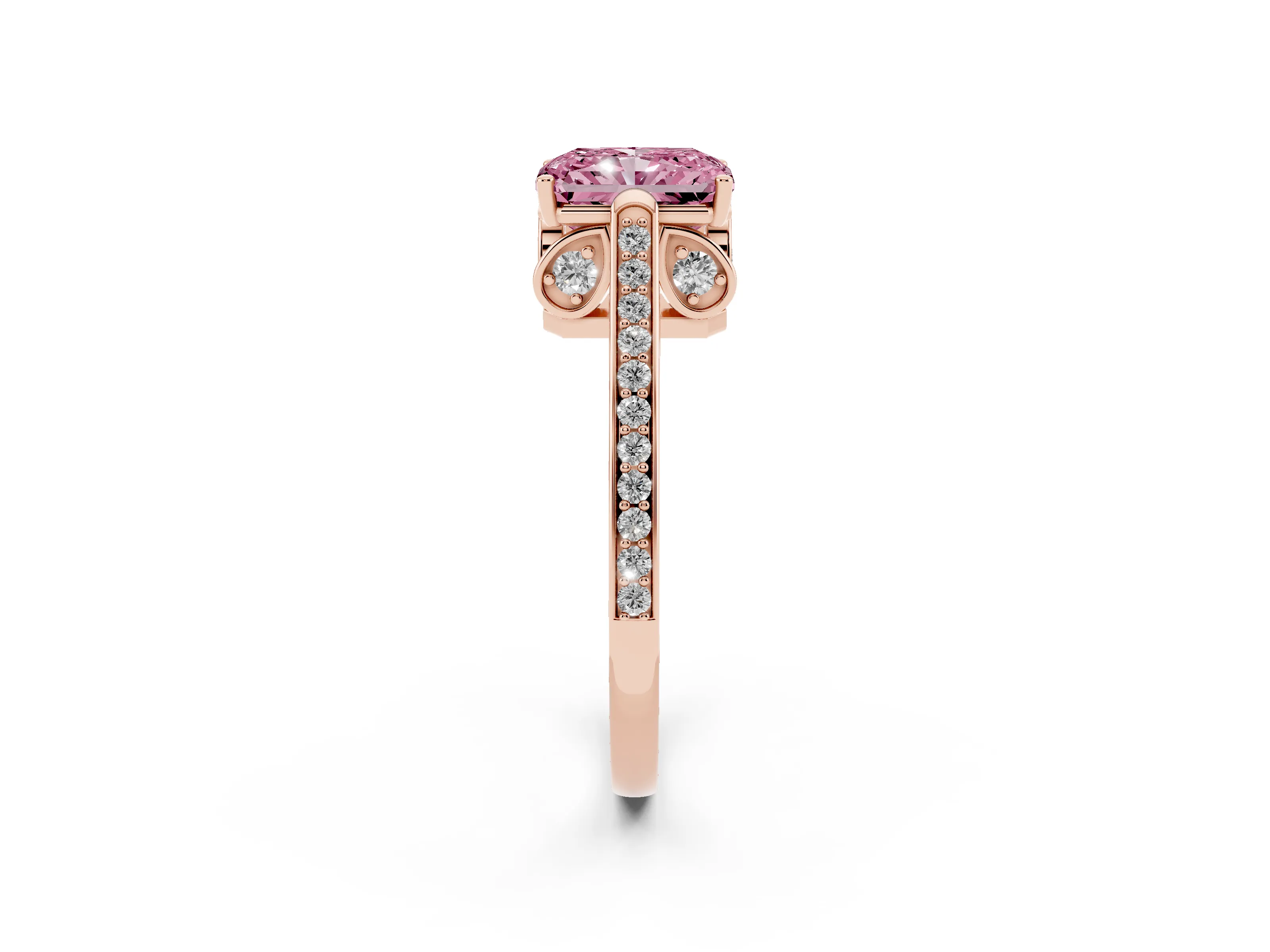 Fancy Pink Radiant Cut Diamond Cathedral Pavé Engagement Ring Set in Rose gold with Prong Setting